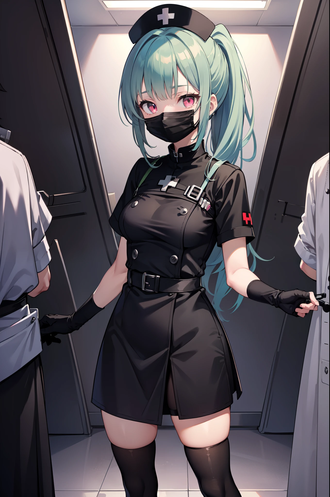 black nurse, 1girl, solo, black nurse cap, black nurse uniform, ((black legwear, zettai ryouiki)), black elbow gloves, ponytail, green hair, pink eyes, ((black surgical mask, covered nose)), standing, ((surgery room)), sharp outline, short sleeves, best quality, masterpiece