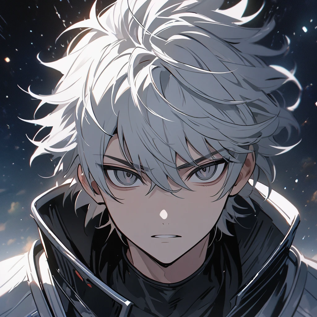 High quality, HD, 4k, no shadows, handsome male, 1male, 17 years old, teenager, short white hair, silver hair, white hair, sharp eyes, dark grey colored eyes, deep grey eyes, dark grey eyes, devil may cry, close up, calm expression, stoic expression, black leather clothes, white leather clothing, lean body, well trained body, upper body, looking at viewer, cowboy shot, white solar, space background