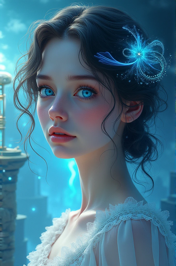 close：Blue-eyed、A woman with a radiant face, Beeple 的Surreal主义, Popular on Art Station, Fantasy art, hyperrealistic Fantasy art, Beautiful digital art, 8K Photorealistic Digital Art, Realistic Digital Art 4K, Realistic Digital Art 4K, Brandon Wolfell, Mysterious!!! Surreal, Surreal主义数字艺术