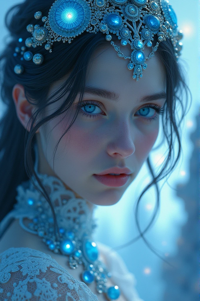 close:Blue-eyed、A woman with a radiant face, Beeple 的Surreal主义, Popular on Art Station, Fantasy art, hyperrealistic Fantasy art, Beautiful digital art, 8K Photorealistic Digital Art, Realistic Digital Art 4K, Realistic Digital Art 4K, Brandon Wolfell, Mysterious!!! Surreal, Surreal主义数字艺术