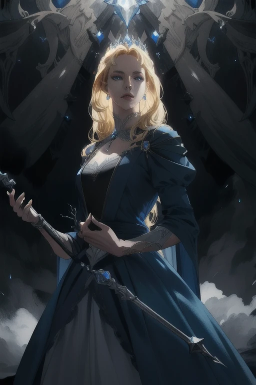 Blue eye, blonde hair, beautiful detailed eyes, beautiful detailed lips, extremely detailed face and features, elegant blue princess dress, magic staff, dark fantasy, dark magic, glowing eyes, dramatic lighting, moody atmosphere, cinematic, epic fantasy, (best quality,4k,8k,highres,masterpiece:1.2),ultra-detailed,(realistic,photorealistic,photo-realistic:1.37),dramatic lighting,cinematic composition,epic fantasy scene
