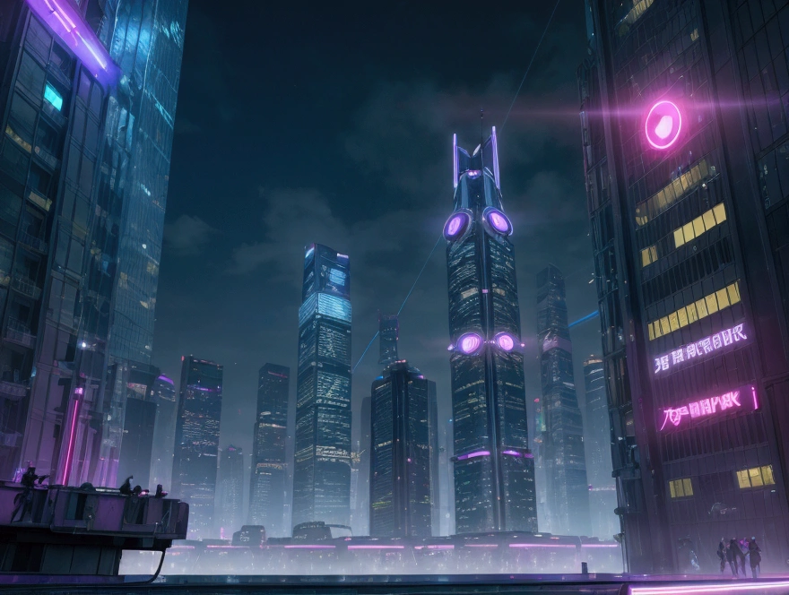 "Create a cyberpunk background image viewed from a bottom-up perspective, capturing towering skyscrapers that dominate the skyline, illuminated by vibrant neon lights in shades of blue, purple, pink and green. The scene must convey the essence of a futuristic metropolis, with complex architectural designs and holographic signs that glow brightly against a dark night sky. Add drones and flying vehicles to suggest constant activity, while a light mist creates an immersive atmosphere. Reflections of neon lights on building surfaces, along with deep shadows, should give depth and contrast to the image, emphasizing the dynamism and vitality of this futuristic city."
