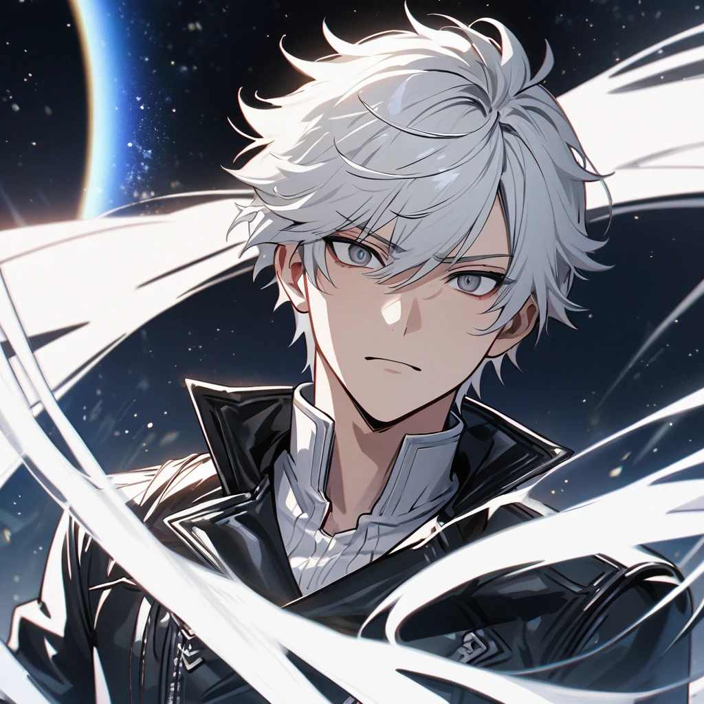 High quality, HD, 4k, no shadows, handsome male, 1male, 17 years old, teenager, short white hair, silver hair, white hair, sharp eyes, dark grey colored eyes, deep grey eyes, dark grey eyes, devil may cry, close up, calm expression, stoic expression, black leather clothes, white leather clothing, lean body, well trained body, upper body, looking at viewer, cowboy shot, white solar, space background