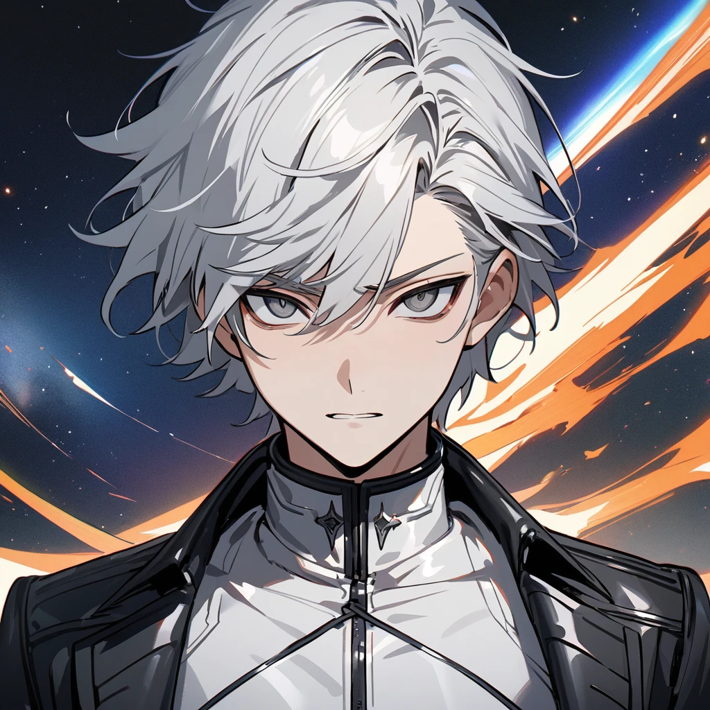 High quality, HD, 4k, no shadows, handsome male, 1male, , teenager, short white hair, silver hair, white hair, sharp eyes, dark grey colored eyes, deep grey eyes, dark grey eyes, devil may cry, close up, calm expression, stoic expression, black leather clothes, white leather clothing, lean body, well trained body, upper body, looking at viewer, cowboy shot, white solar, space background