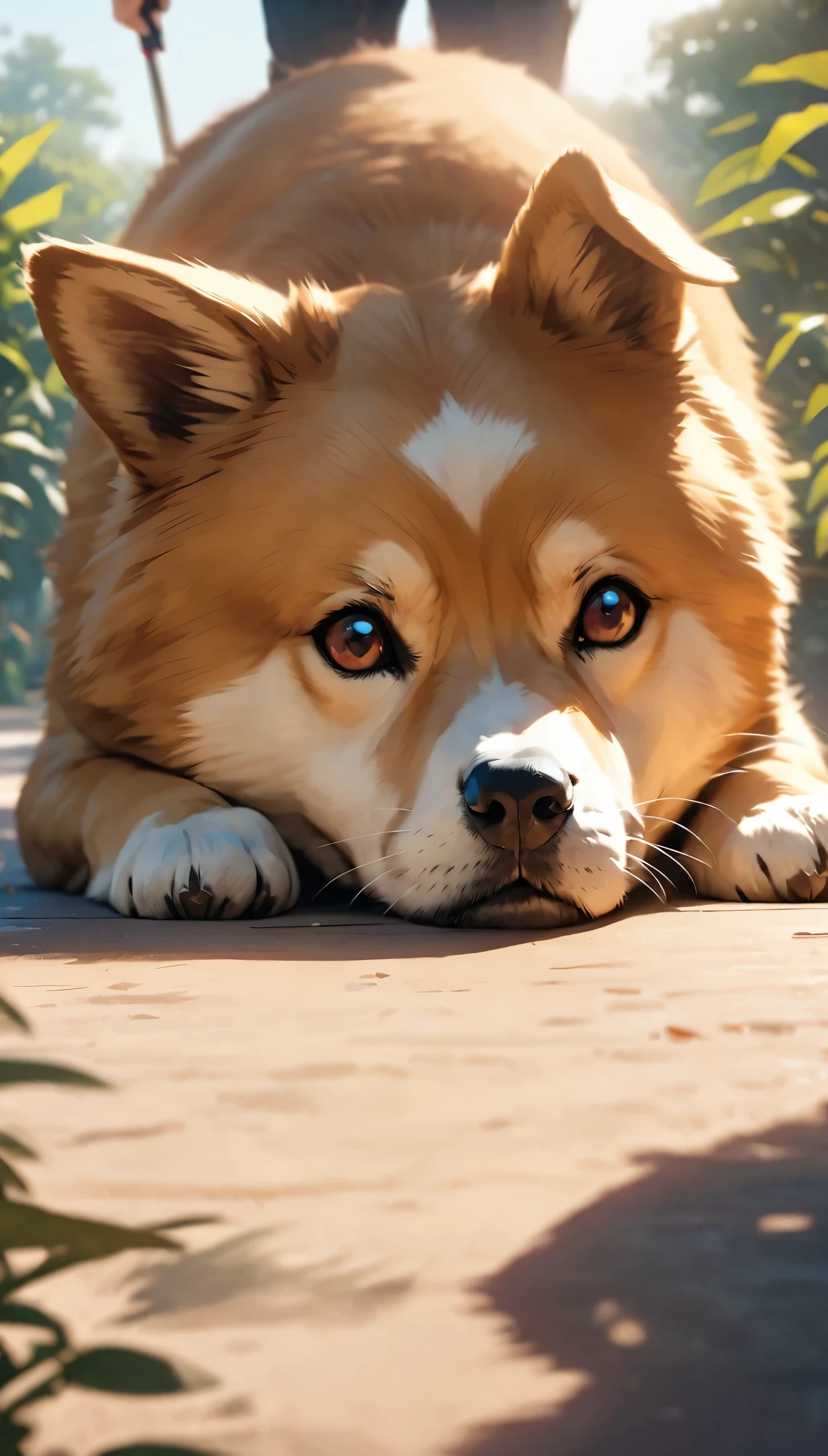 Commemorative photo of dog, 1 Shiba Inu, Mameshiba, Realistic expression, Face down:1.2, Playing in the park, Sleepy expression, Plants, Light and shadow with attention to detail, Background Blur, (Highest quality:1.2, 4K, 8k, Very detailed, Attention to detail, masterpiece:1.2, Best aesthetics),