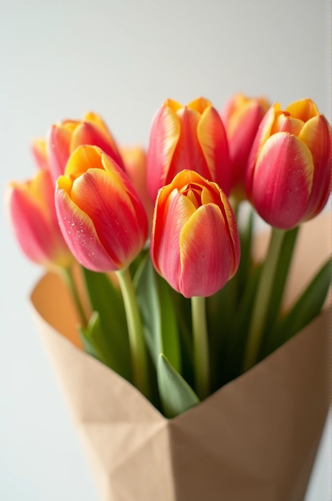 Non-human,Bouquet of tulips,Other flower mixed paper packaging,There are water droplets on the petals,The background is light,