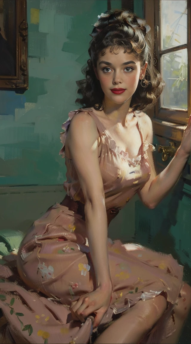 (work of art:1.4), (best qualityer:1.4), retro vintage pin-up style, extremely detailded, intrikate, hyper-detailded, illustration, soft lighting, Amy Winehouse 27 year old pin-up, Retro style of the 50s, characteristic hair, dotted skirt, Bend, ssmile, (perfect_Face), sitting not bad, ornated, intrikate, dramatic lighting, 4K, detailded_fund, full-featured_cos, mil painting estilo Gil Evergren .