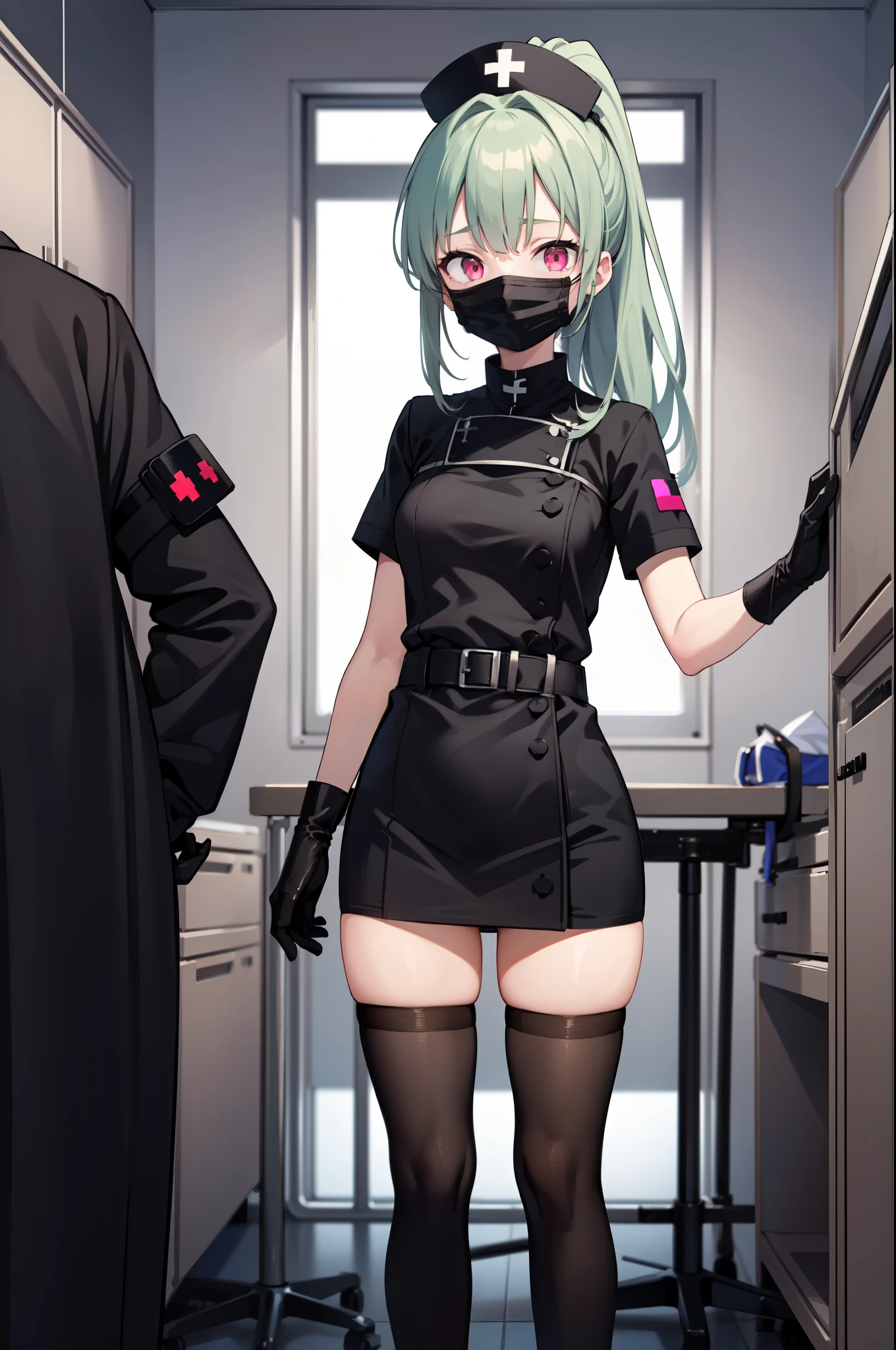 black nurse, 1girl, solo, black nurse cap, black nurse uniform, ((black legwear, zettai ryouiki)), black elbow gloves, ponytail, green hair, pink eyes, ((black surgical mask, covered nose)), standing, ((surgery room)), sharp outline, short sleeves, best quality, masterpiece