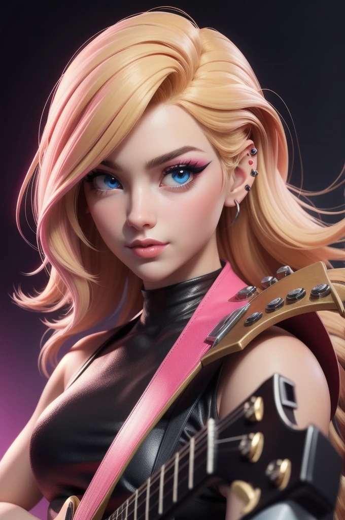 masterpiece, best quality,3d rending work,3DMM style, close-up, portrait, 3D,1girl, solo, perfect face, long hair, Electric guitar band black clothes, long light blonde hair dyed with pink and with cute fluffy bangs well styled, hair dyed with pink color, detailed light blue eyes highlight light reflecting in her eyes, looking straight to the viewer, realistic, upper body, concert background, colorful lighting, lips, edgy makeup, black shade of makeup on eyelids, ear piercing, fair skin, perfect hourglass body, she has sharp jawline, holding a black electric guitar, The artwork should have the best quality, with ultra-detailed and realistic features. The color palette should be vivid, and the lighting should emphasize the character's facial structure and expression.