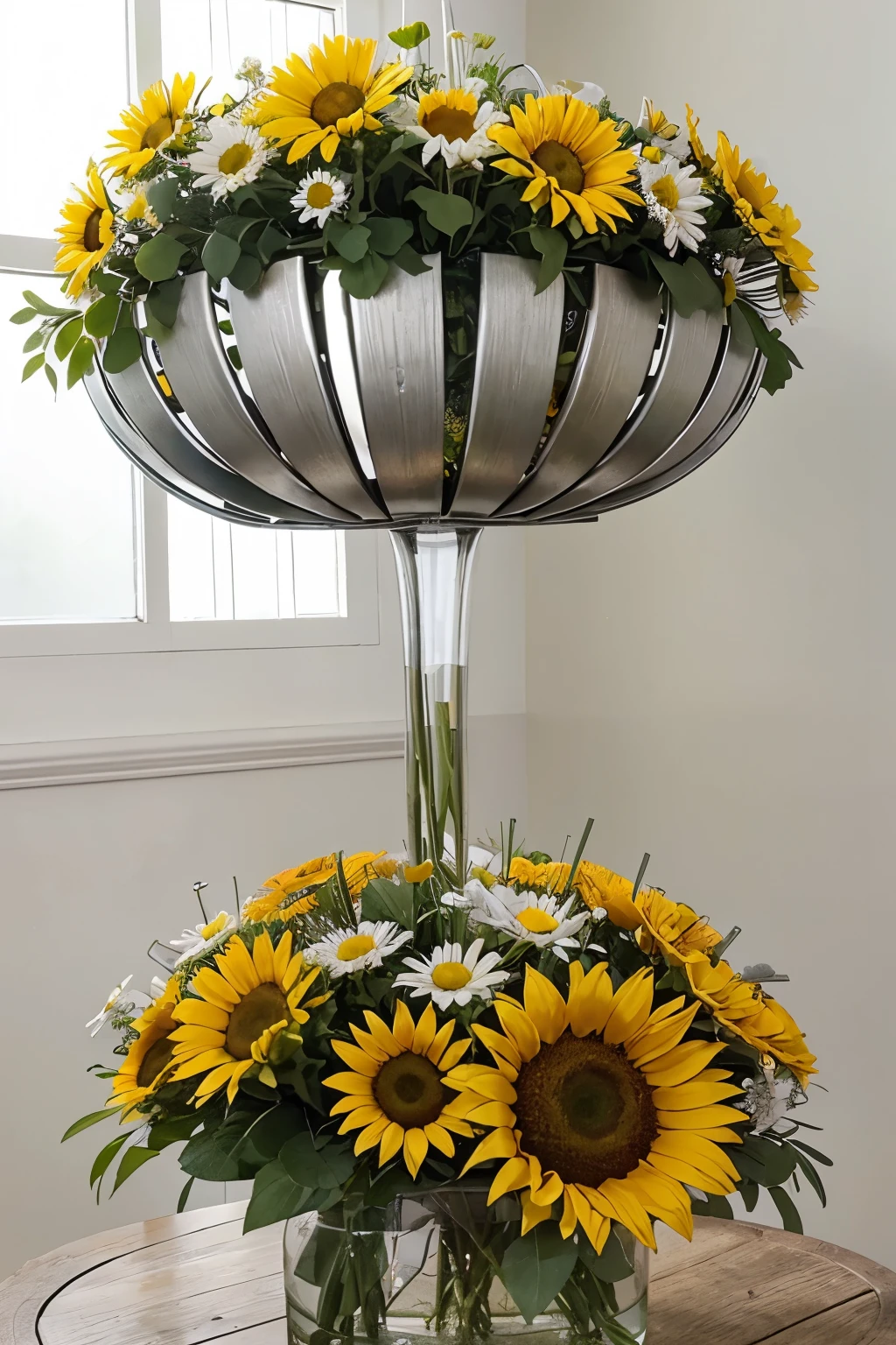 Create a giant flowerstand arrangement with sunflowers, chamomile, eucalyptus, daisies. Using only yellow, orange, blue, green, white & silver hues.