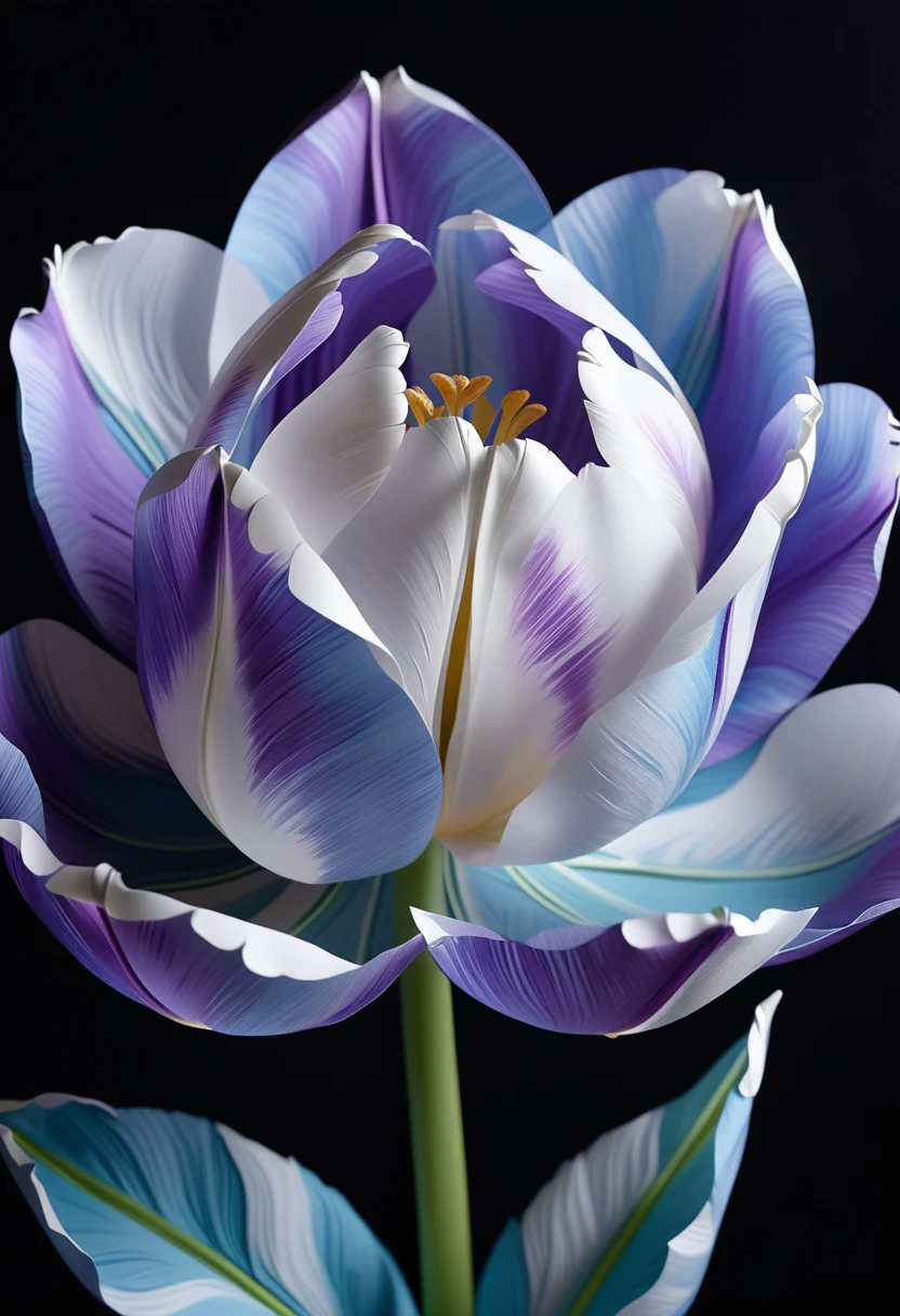 3D one white one light blue purple tulip paper flower on dark background close-up bright soft light exquisite beautiful details shining fusion 3D paper sculpture and paper art creation lifelike depiction perfect artistic design accurate perfect anatomy complex extreme Delicate texture, clear and detailed animation paper sculpture art design, high quality, high quality and lifelike