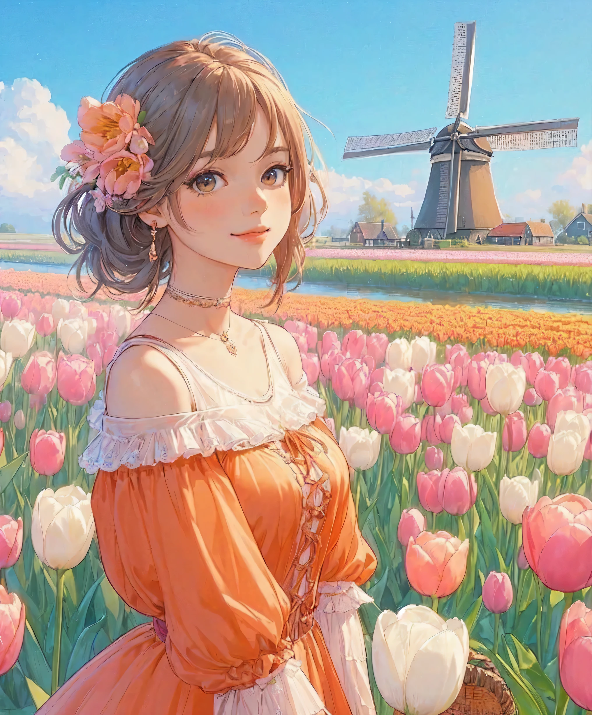 1lady standing, (looking at viewers), stylish outfit (elegant and breezy attire) (orange theme), (mature female:0.6), /(beige hair/) bangs, blush kind smile, (masterpiece best quality:1.2) delicate illustration ultra-detailed, large breasts BREAK (field of tulip) (vibrant colors), colorful tulips, outdoors, (traditional Dutch windmill), blue sky, noon, horizon, detailed background