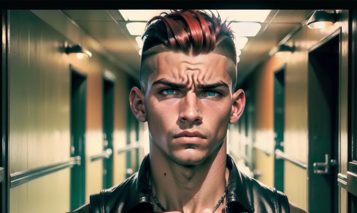 "((highly detailed, detailed eyes, detailed face, clear and realistic facial features, photorealistic, realistic light; cinematic)), (1 man), ((((school hallway background)))), (((gorgeous athletic punk tough bully male))), ((18-year-old age male)), ((((glaring expression)))), ((intimidating mood)), ((blue-green eyes)), ((short black hair with a undercut)), (((dressed in black and leather))), ((red tint in hair))."