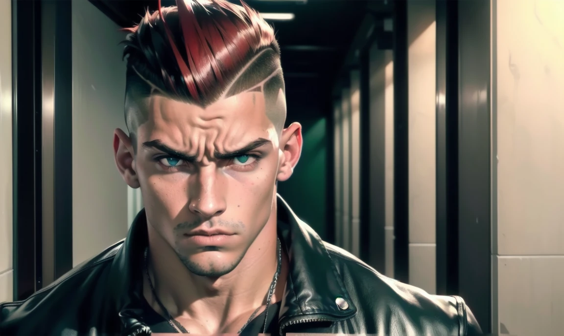 "((highly detailed, detailed eyes, detailed face, clear and realistic facial features, photorealistic, realistic light; cinematic)), (1 man), ((((school hallway background)))), (((gorgeous athletic punk tough bully male))), ((18-year-old teenage male)), ((((glaring expression)))), ((intimidating mood)), ((blue-green eyes)), ((short black hair with a undercut)), (((dressed in black and leather))), ((red tint in hair))."