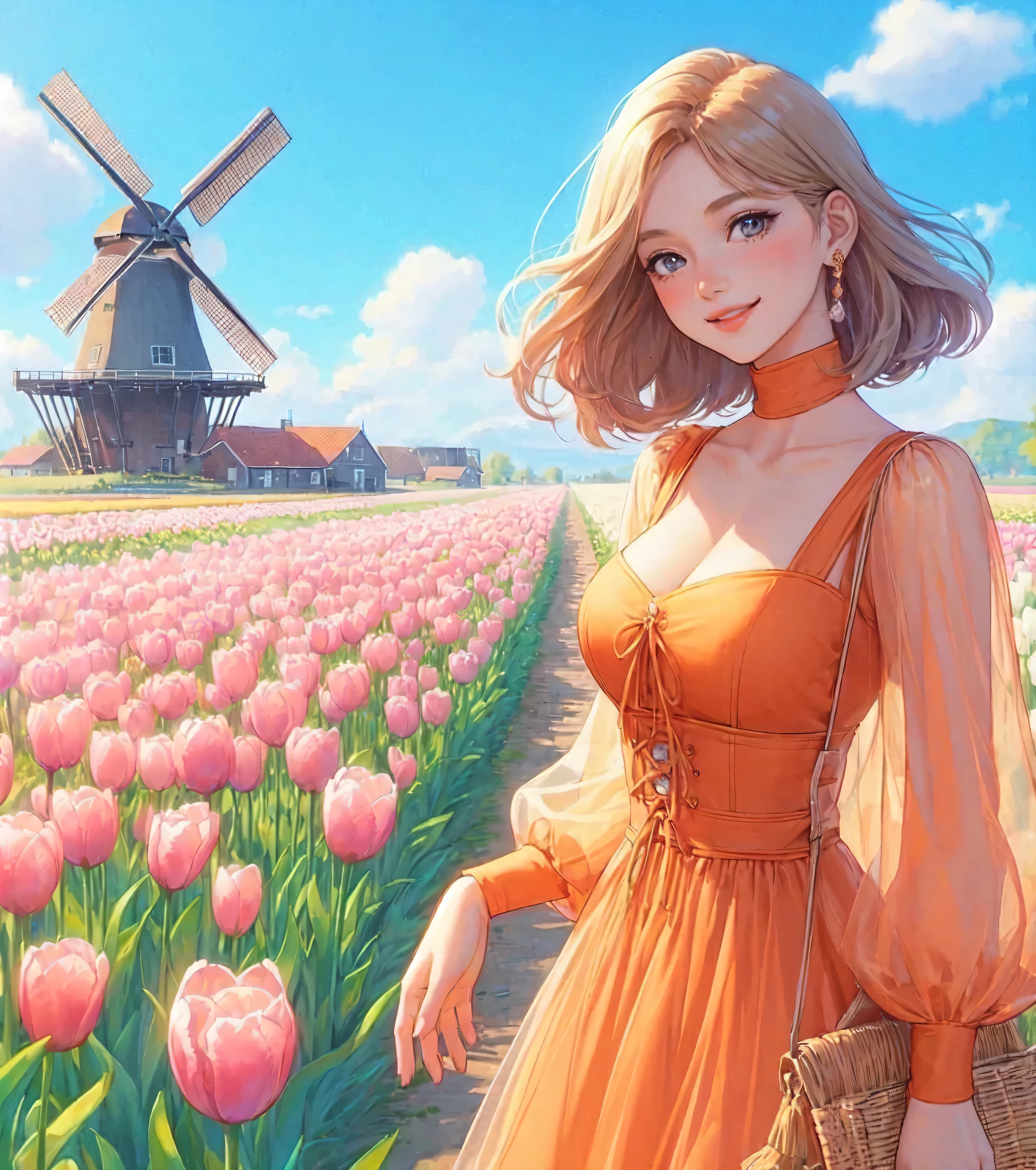 1lady standing, (looking at viewers), stylish outfit (elegant and breezy attire) (orange theme), (mature female:0.6), /(beige blond hair/) bangs, blush kind smile, (masterpiece best quality:1.2) delicate illustration ultra-detailed, large breasts BREAK (field of tulip) (vibrant colors), colorful tulips, outdoors, (traditional Dutch windmill), blue sky, noon, horizon, detailed background