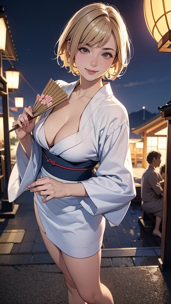 (((HD photo))), ultra high res.photorealistic:. 1.4, UHD, masterpiece, trending on artstation, full body, closeup of face and cleavage, 1girl, pretty, cute face, most beautiful in the world, soft, delicate, (very short hair, blonde:1.3), cute breasts , (wearing a traditional yukata, holding a Japanese paper fan), facial expression is very happy and smiling , (detailed background is the Japanese summer festival at night),