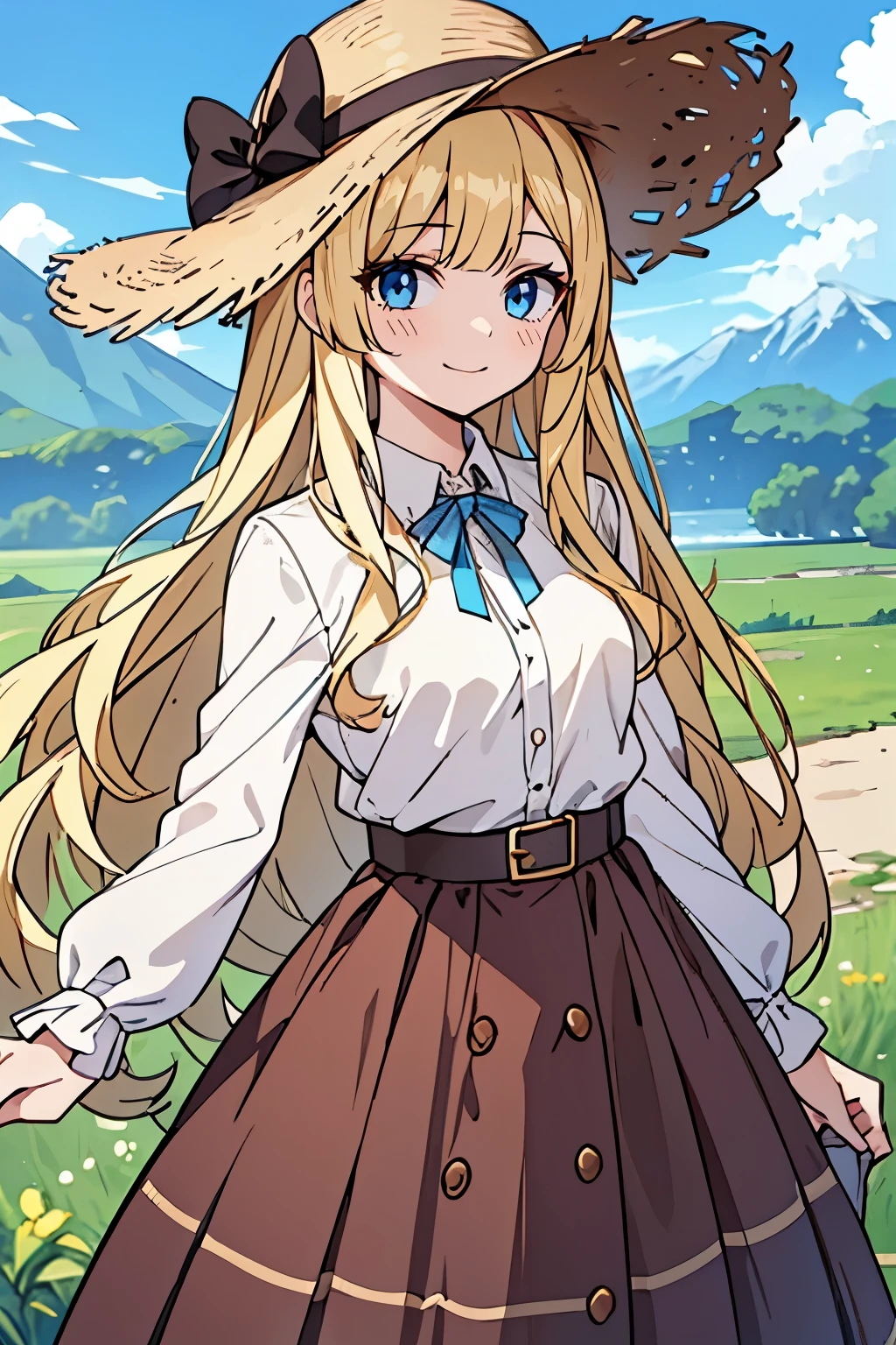 1 girl, female figure, wavy yellow hair, hime cut, extra long hair, crystal light blue eyes, detailed eyes, golden blonde hair, cowboy shot, voluminous hair, wavy hair, (medium small breasts), (young female body: 1.4), outdoors background, mountains and river, farmers girl, straw hat, extra long brown skirt, white shirt, white blouse, brown long skirt, flowing brown skirt, brown skirt, dark brown maxi skirt, super long skirt