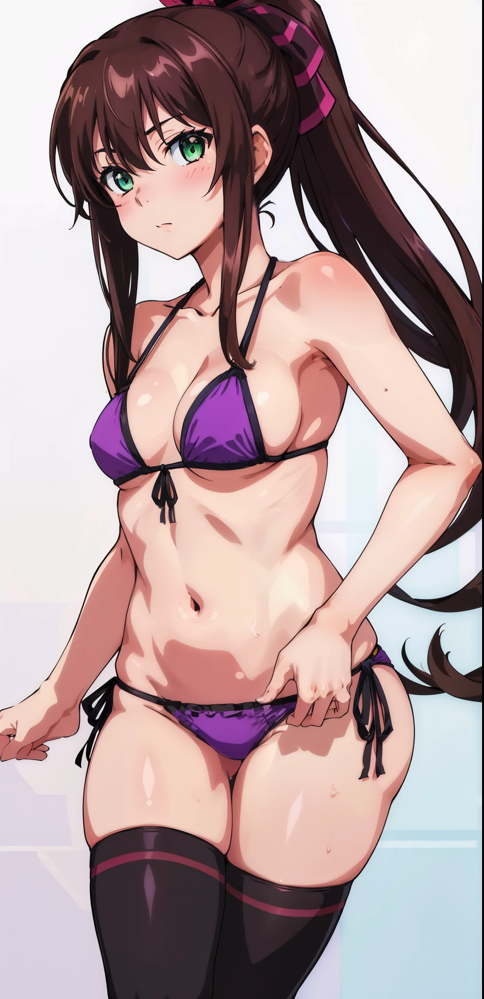 masterpiece, best quality,1girl,solo,kirasaka sayaka,brown hair,long hair,ponytail, hair ribbon, green eyes,,purple thighhighs, wariza, (bikini).