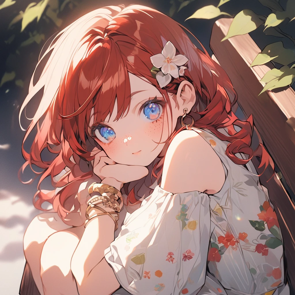 a female character
**Appearance:**
- **Age:** 18 years old.
- **Hair:** Short, curly red hair with a few loose strands framing her face.
- **Eyes:** Round, blue eyes with a curious and lively look.
- **Skin:** Fair with a few light freckles across her nose and cheeks.
- **Clothing:** A simple summer dress with a floral pattern, reaching just above the knees.
- **Accessories:** A pair of small hoop earrings and a thin, woven bracelet on her left wrist.
- **Pose:** Sitting on a bench with her hands resting on her lap, looking slightly to the side as if shes daydreaming.
