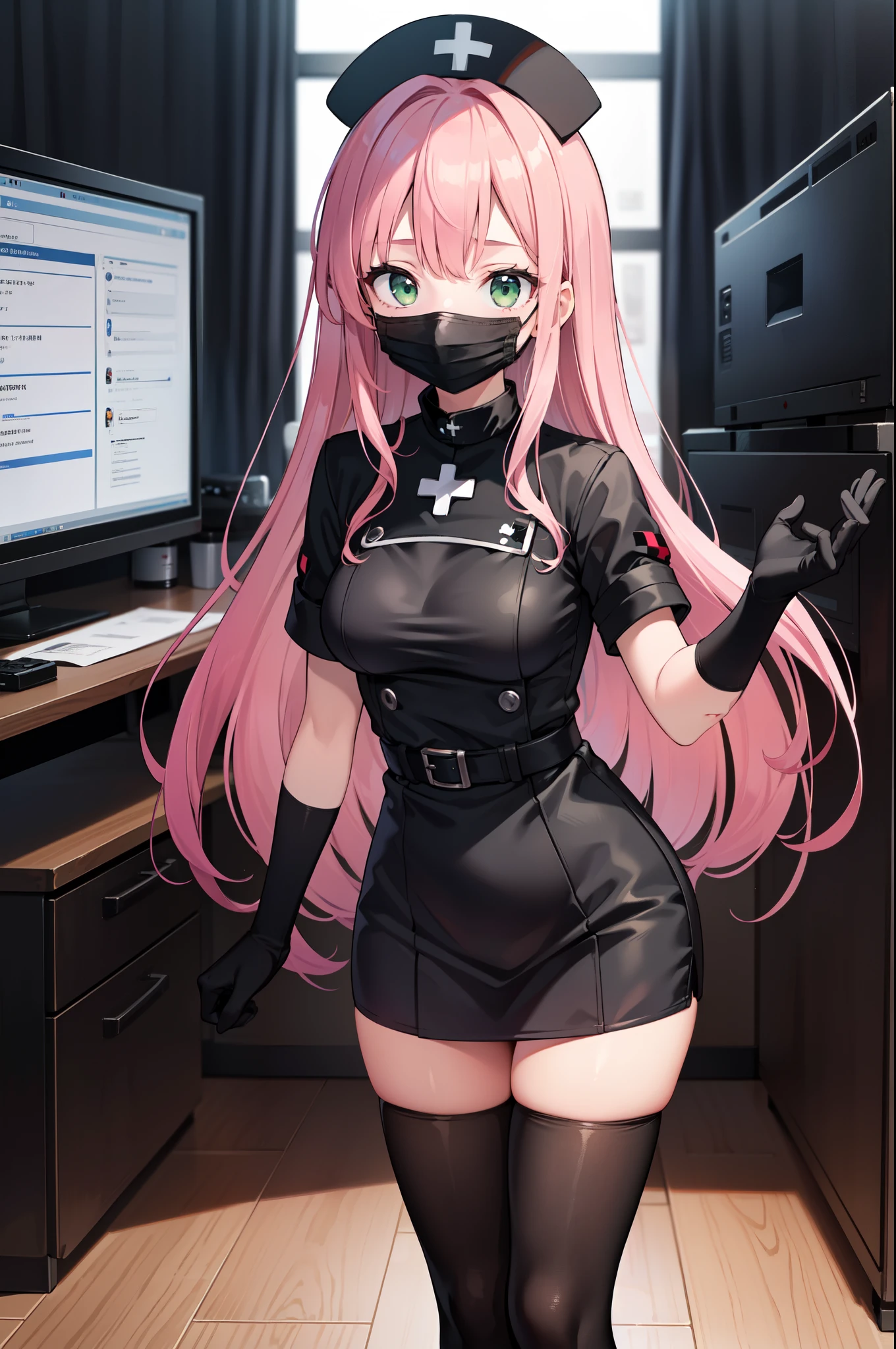 black nurse, 1girl, solo, black nurse cap, black nurse uniform, ((black legwear, zettai ryouiki)), black elbow gloves, pink hair, green eyes, drooping eyes, ((black surgical mask, covered nose)), standing, ((surgery room)), sharp outline, short sleeves, best quality, masterpiece