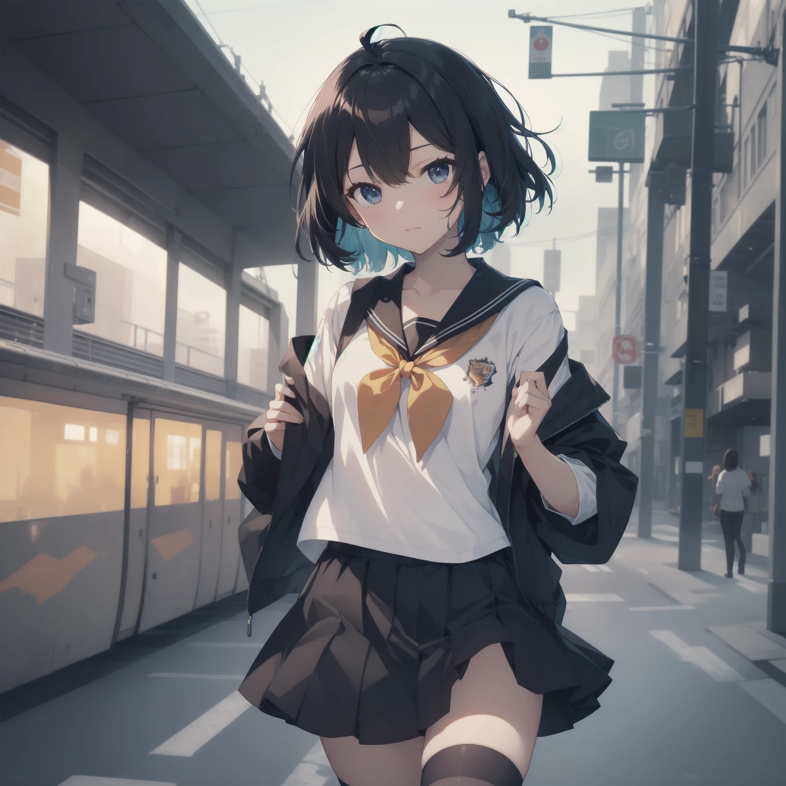 ultra-absurdres-Top quality by artist God, ultra-detailed, high resolution, anime moe artstyle, best anime 8k konachan wallpaper, pixiv contest winner, pool:2810, perfect anatomy,break, 1girl, (Please draw a girl walking sleepily to school alone. )break,(Solo,little female, 13-year-old:1.3),Full limbs, complete fingers,a junior high school student, (very short hair), short cut, flat chest, , small butt, small black eyes, beautiful detailed eyes, well-proportioned iris and pupils, expressive eyes, highres detailed hair, soft expression, salor school_uniform, sailor collar, serahuku, bow, pleated skirt,(Detailed Lighting), (Detailed background), in the School commute route. break,super detailed skin, Best cinematic lighting powered by famous artist, 8k,beauty illustration,photoshop_(medium),very aesthetic,break,((artist:yd_(orange_maru) )), artist:clamp ,artist:carnelian ,artist:kantoku ,
