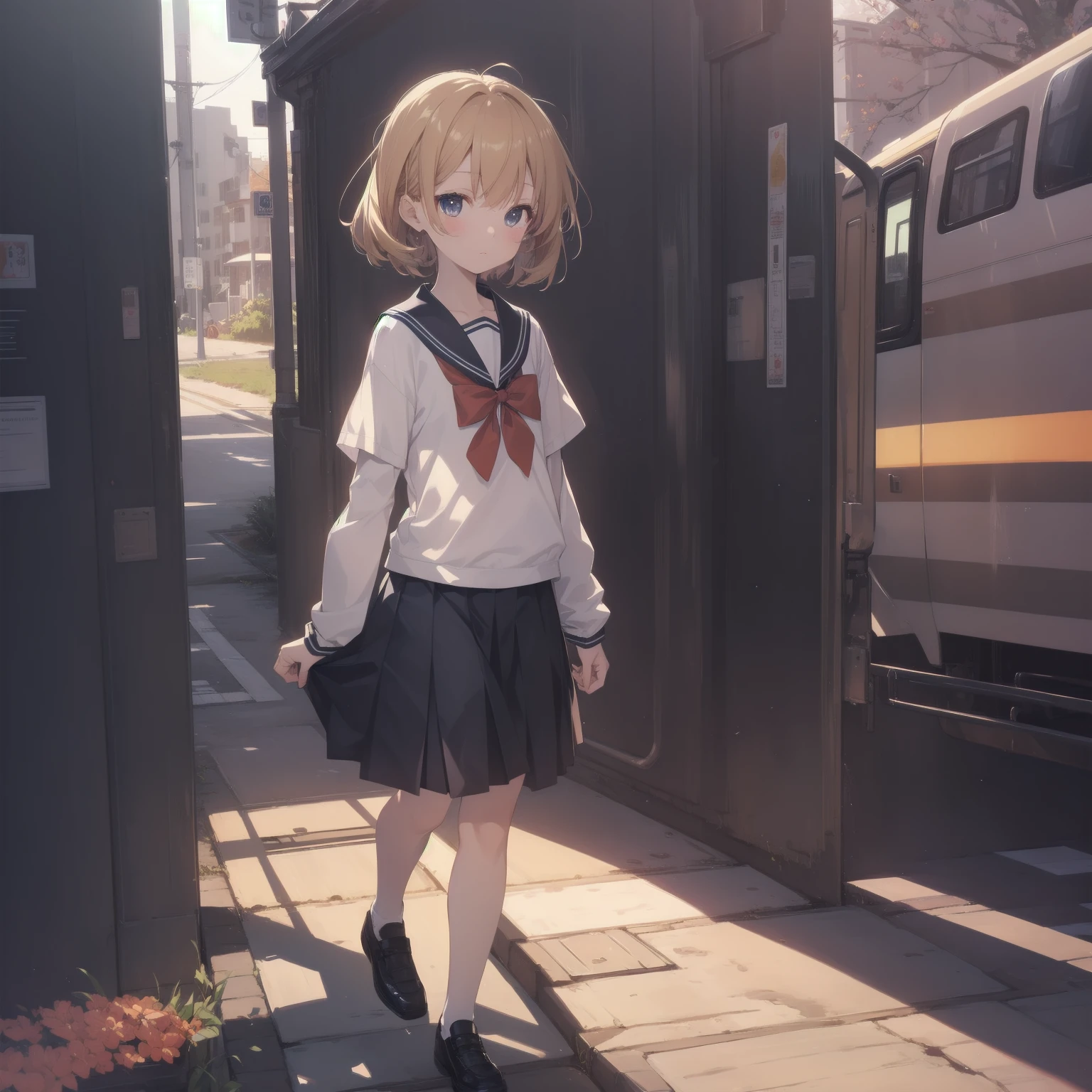 ultra-absurdres-Top quality by artist God, ultra-detailed, high resolution, anime moe artstyle, best anime 8k konachan wallpaper, pixiv contest winner, pool:2810, perfect anatomy,break, 1girl, (Please draw a girl walking sleepily to school alone. )break,(Solo,little female, 13-year-old:1.3),Full limbs, complete fingers,a junior high school student, (very short hair), short cut, flat chest, , small butt, small black eyes, beautiful detailed eyes, well-proportioned iris and pupils, expressive eyes, highres detailed hair, soft expression, salor school_uniform, sailor collar, serahuku, bow, pleated skirt,(Detailed Lighting), (Detailed background), in the School commute route. break,super detailed skin, Best cinematic lighting powered by famous artist, 8k,beauty illustration,photoshop_(medium),very aesthetic,break,((artist:yd_(orange_maru) )), artist:clamp ,artist:carnelian ,artist:kantoku ,

