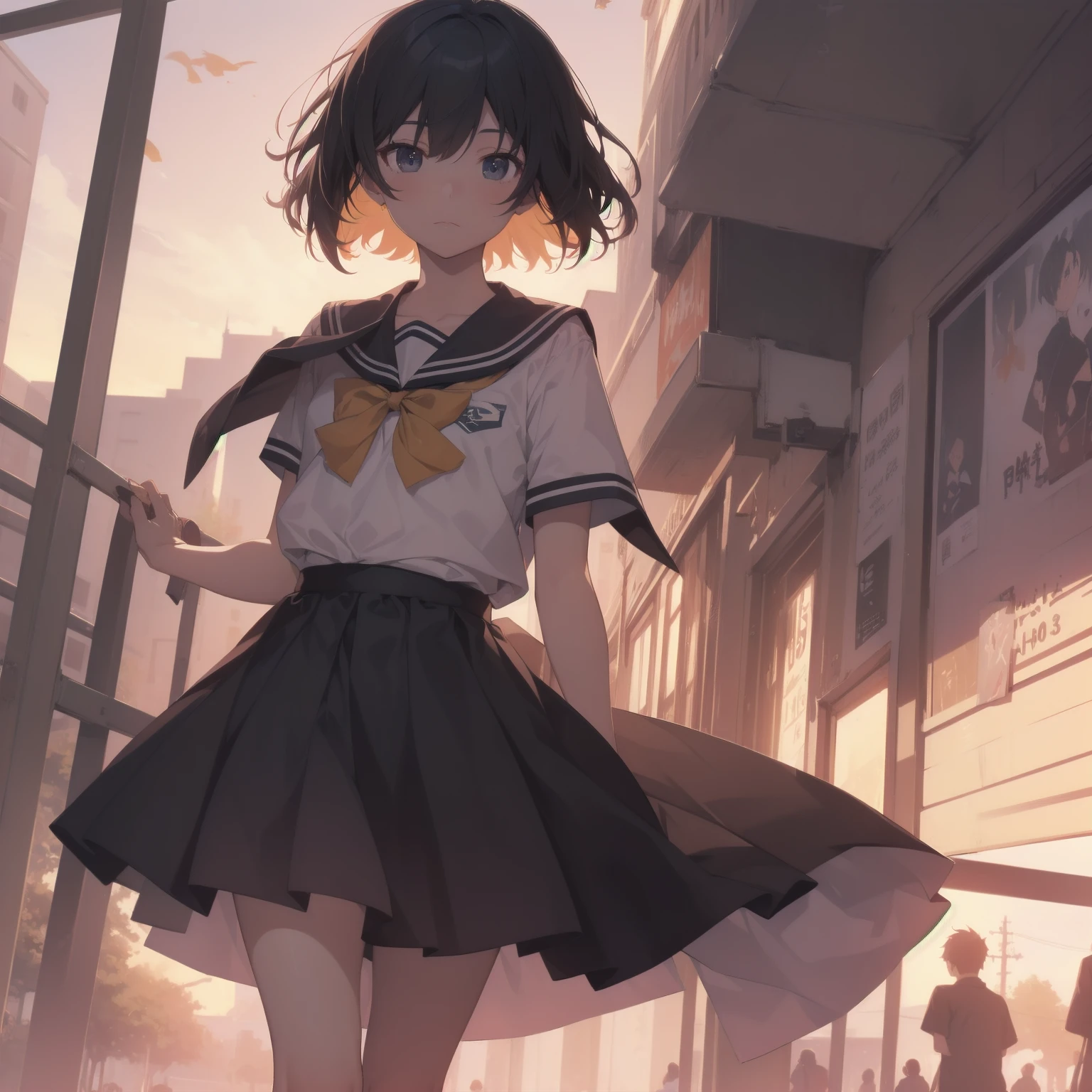ultra-absurdres-Top quality by artist God, ultra-detailed, high resolution, anime moe artstyle, best anime 8k konachan wallpaper, pixiv contest winner, pool:2810, perfect anatomy,break, 1girl, (Please draw a girl walking sleepily to school alone. )break,(Solo,little female, 13-year-old:1.3),Full limbs, complete fingers,a junior high school student, (very short hair), short cut, flat chest, , small butt, small black eyes, beautiful detailed eyes, well-proportioned iris and pupils, expressive eyes, highres detailed hair, soft expression, salor school_uniform, sailor collar, serahuku, bow, pleated skirt,(Detailed Lighting), (Detailed background), in the School commute route. break,super detailed skin, Best cinematic lighting powered by famous artist, 8k,beauty illustration,photoshop_(medium),very aesthetic,break,((artist:yd_(orange_maru) )), artist:clamp ,artist:carnelian ,artist:kantoku ,