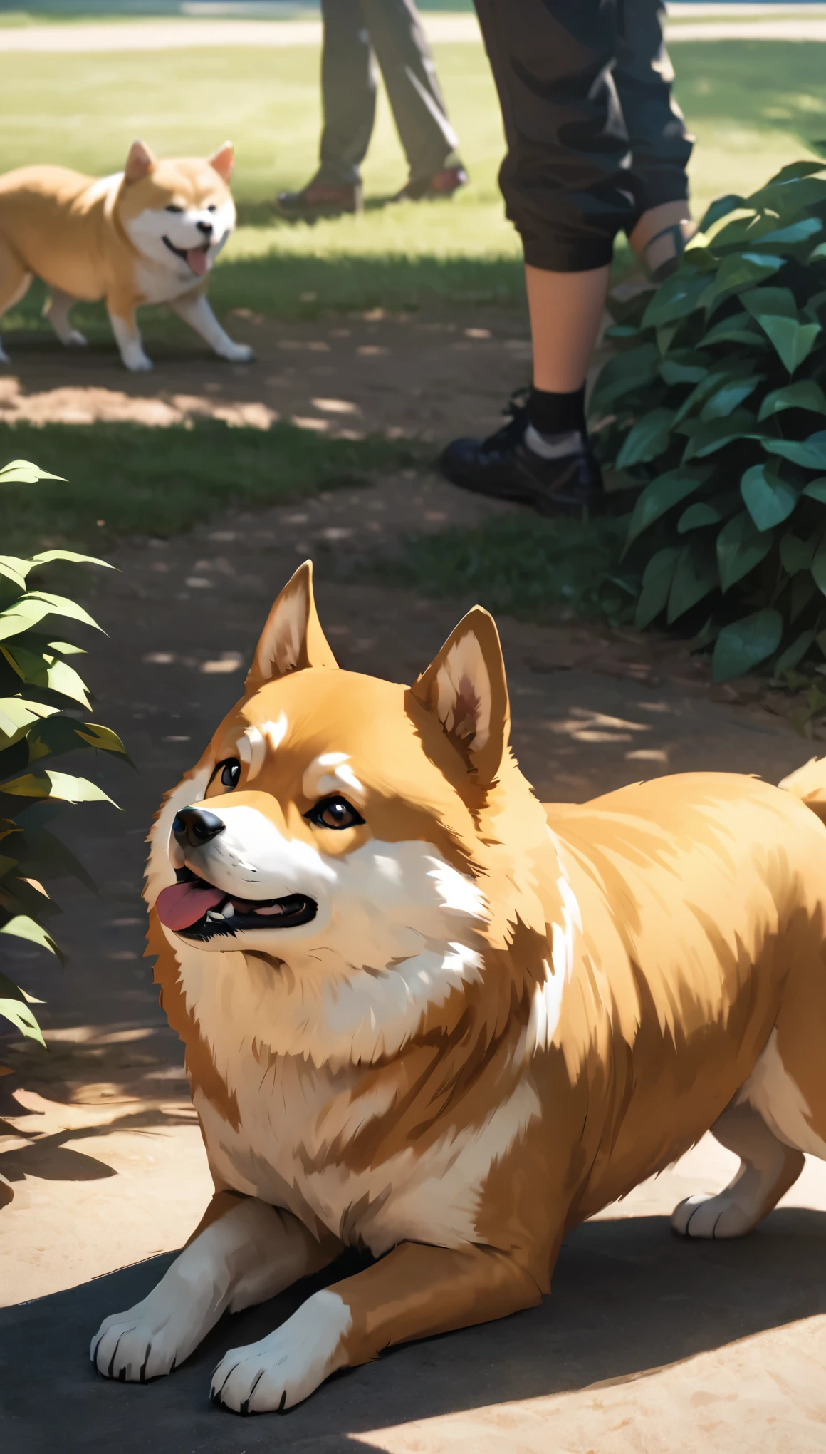 Commemorative photo of dog, 1 Shiba Inu, Mameshiba, Realistic expression, Face down:1.2, Playing in the park, Sleepy expression, Plants, Light and shadow with attention to detail, Background Blur, (Highest quality:1.2, 4K, 8k, Very detailed, Attention to detail, masterpiece:1.2, Best aesthetics),