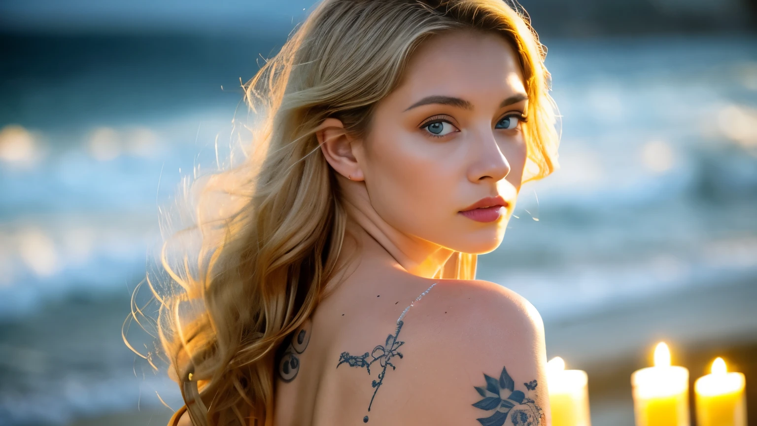 tatuados,Beautiful blonde with big breasts in a light dress、(Back tattoo、Many tattoos on both arms and neck)、 (late night beach、walk),Candlelight only,Very detailed, 21 years old, Innocent face, Wavy Hair, blue eyes, High resolution, masterpiece, Highest quality, Intricate details, Very detailed, Clear focus, Delicate skin, practical skin texture, texture, Delicate eyes, Professional, 4K, Sad face,despair、 Shot with Canon, 85mm, Shallow and deep, Kodak Vision Color, Exactly, Very detailed, photograph_\(Extremist\), photographpractical, practical, Post-processing, Maximum details, Roughness, Real Life, Extremist practical, Photorealism, photographgraphy, 8K Ultra HD, photographgraphy