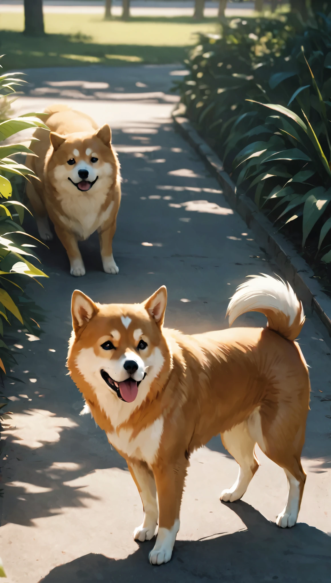 Commemorative photo of dog, 1 Shiba Inu, Mameshiba, Realistic expression, Face down:1.2, Playing in the park, Sleepy expression, Plants, Light and shadow with attention to detail, Background Blur, (Highest quality:1.2, 4K, 8k, Very detailed, Attention to detail, masterpiece:1.2, Best aesthetics),