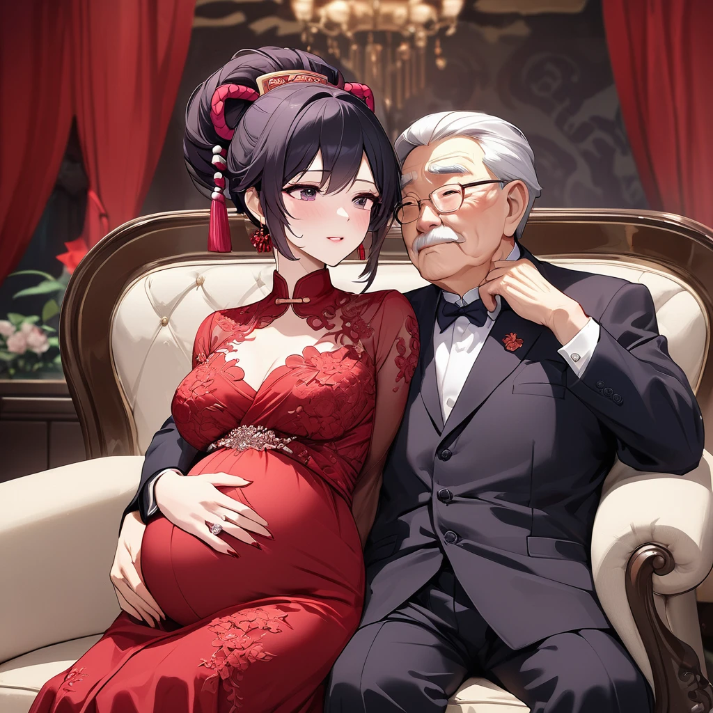 ((Highest quality)), ((masterpiece)), (detailed), （Perfect Face）、The woman is pregnant and is a Chinese woman named Kocho Shinobu.。, Purple gradient bob black hair and formal evening hairstyles. She is wearing an engagement ring. She is a prominent member of the Chinese Communist Party.、She is the wife of a great old Communist Party official.、The woman is beautifully dressed in a gorgeous and glamorous red wedding dress typical of the Chinese Communist Party.、A loving couple is seen passionately embracing a dignified elderly Communist Party official on a luxurious sofa in a luxurious room, the man fondling the woman&#39;s breasts and caressing her body.。A loving Chinese Communist couple、the woman is pregnant
