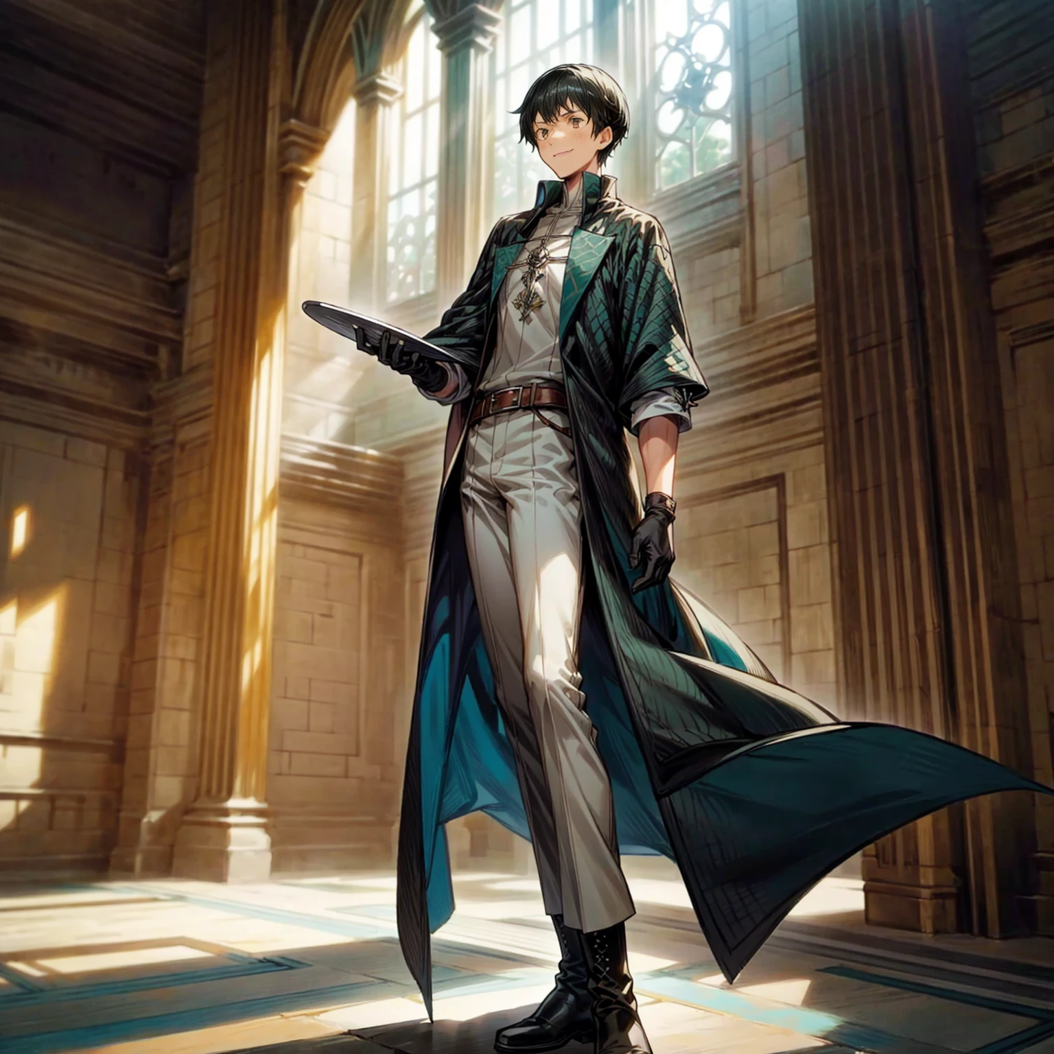 Solo character, young man, tall height, full body version, green half black colour hair, short haircut, formal clothing, white color clothing, brown pants, boots, belt, gloves, indoor, medieval, bar, sunlight, (black clover style art), detailed clothing, detailed hair, detailed background, standing gesture, blue fire in hand, smile mouth 