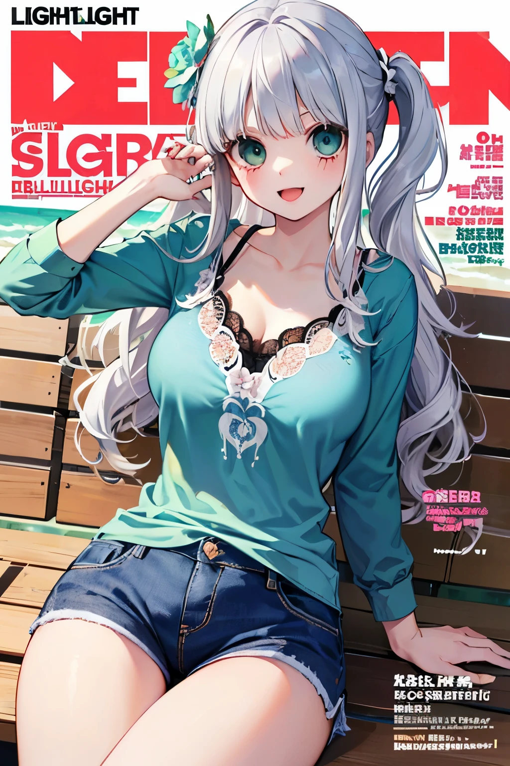 beautiful cute girl,(Bluelight silver hair:1.2),,(Lightgreen eyes:1.2),((Flower summer shirt:1.2)),((Magazine cover:1.0)),((lace:1.2)),(open your mouth:1.1),smile,
