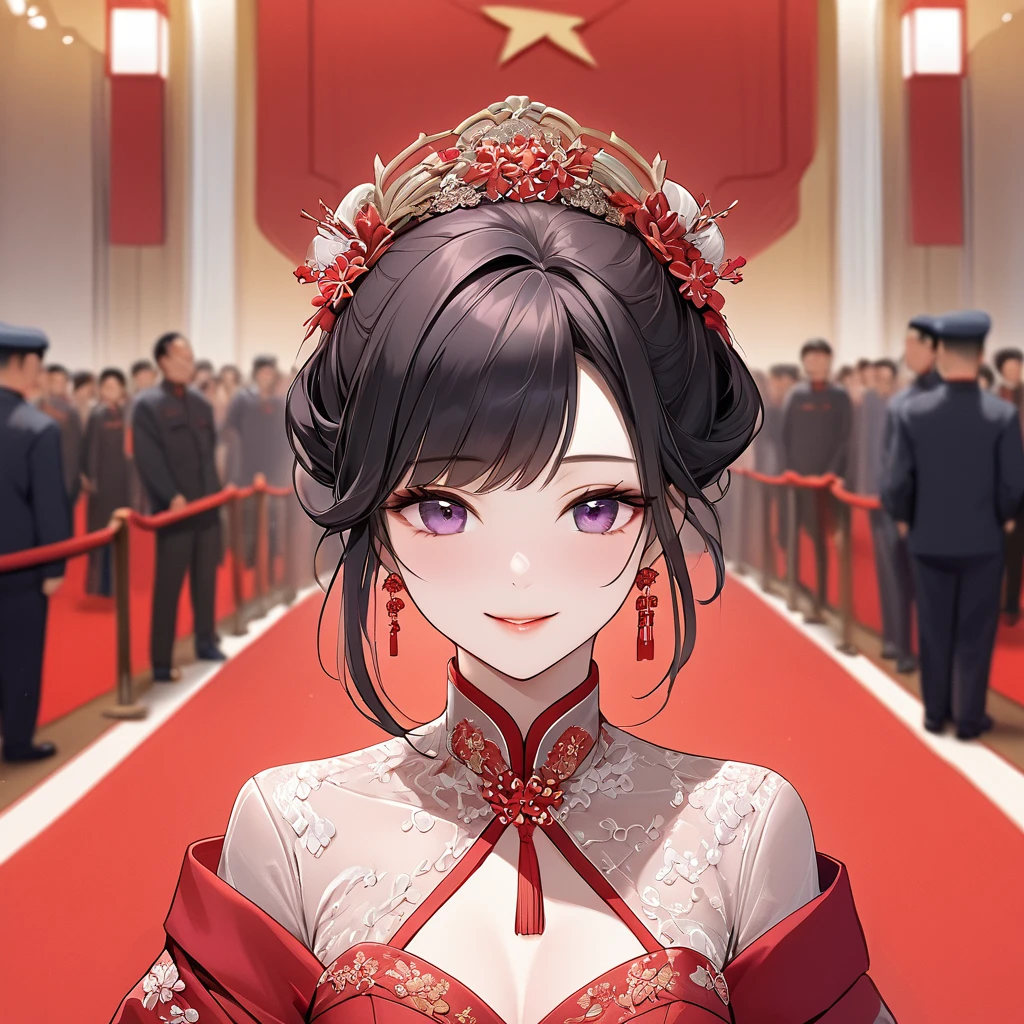 ((Highest quality)), ((masterpiece)), (detailed), (Perfect Face)、The woman is a Chinese woman named Kocho Shinobu.。, Purple gradient bob black hair and formal evening hairstyles. She is wearing an engagement ring. She is a prominent member of the Chinese Communist Party.、She is the wife of a great old Communist Party official.、The woman is beautifully dressed in a gorgeous red wedding dress typical of the Chinese Communist Party, and she loves her husband dearly and is happy to be his wife.、She was photographed alone at a wedding venue on a red carpet aisle.、The woman is the most gorgeous, most dazzling, most beautiful Chinese woman, and has been perfected as the bride of a Communist Party member of China.