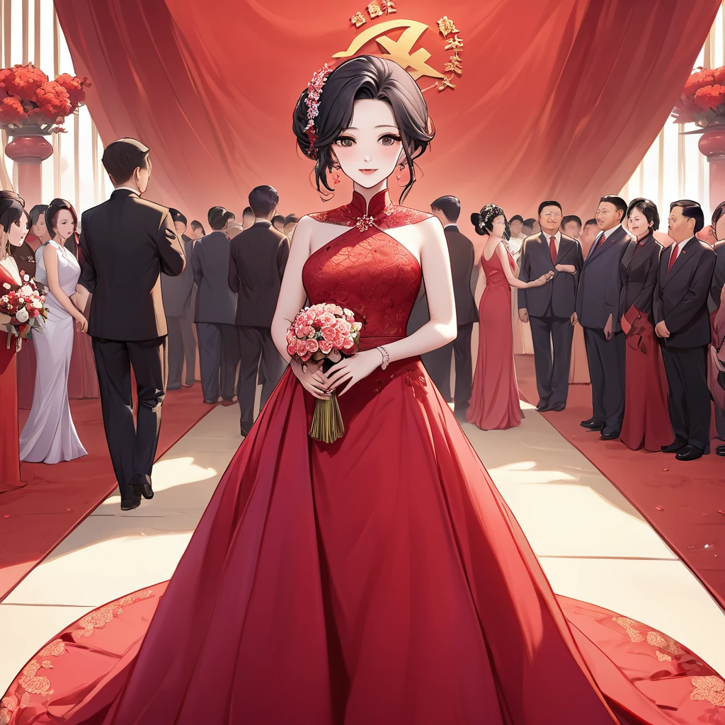 ((Highest quality)), ((masterpiece)), (detailed), (Perfect Face)、The woman is a Chinese woman named Kocho Shinobu.。, Purple gradient bob black hair and formal evening hairstyles. She is wearing an engagement ring. She is a prominent member of the Chinese Communist Party.、She is the wife of a great old Communist Party official.、The woman is beautifully dressed in a gorgeous red wedding dress typical of the Chinese Communist Party, and she loves her husband dearly and is happy to be his wife.、She was photographed alone at a wedding venue on a red carpet aisle.、The woman is the most gorgeous, most dazzling, most beautiful Chinese woman, and has been perfected as the bride of a Communist Party member of China.
