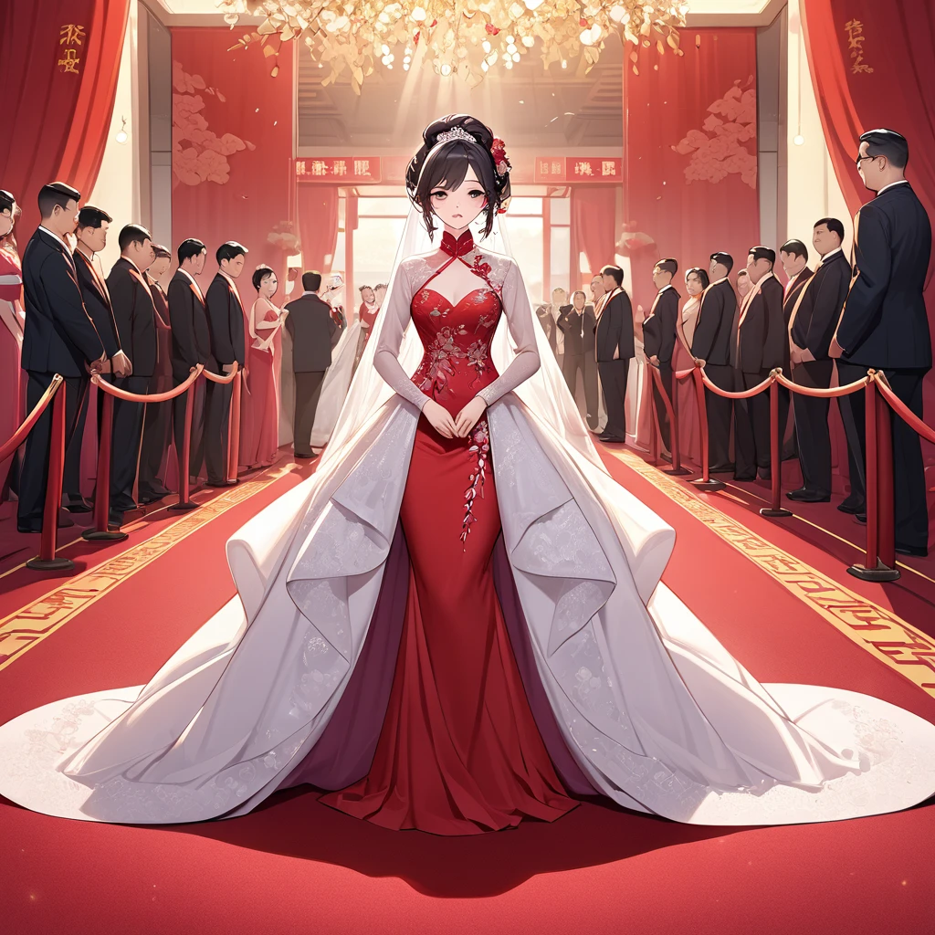 ((Highest quality)), ((masterpiece)), (detailed), (Perfect Face)、The woman is a Chinese woman named Kocho Shinobu.。, Purple gradient bob black hair and formal evening hairstyles. She is wearing an engagement ring. She is a prominent member of the Chinese Communist Party.、She is the wife of a great old Communist Party official.、The woman is beautifully dressed in a gorgeous red wedding dress typical of the Chinese Communist Party, and she loves her husband dearly and is happy to be his wife.、She was photographed alone at a wedding venue on a red carpet aisle.、The woman is the most gorgeous, most dazzling, and most beautiful Chinese woman, and has been perfected as the best Chinese bride, with a beautiful, elegant, and luxurious appearance.