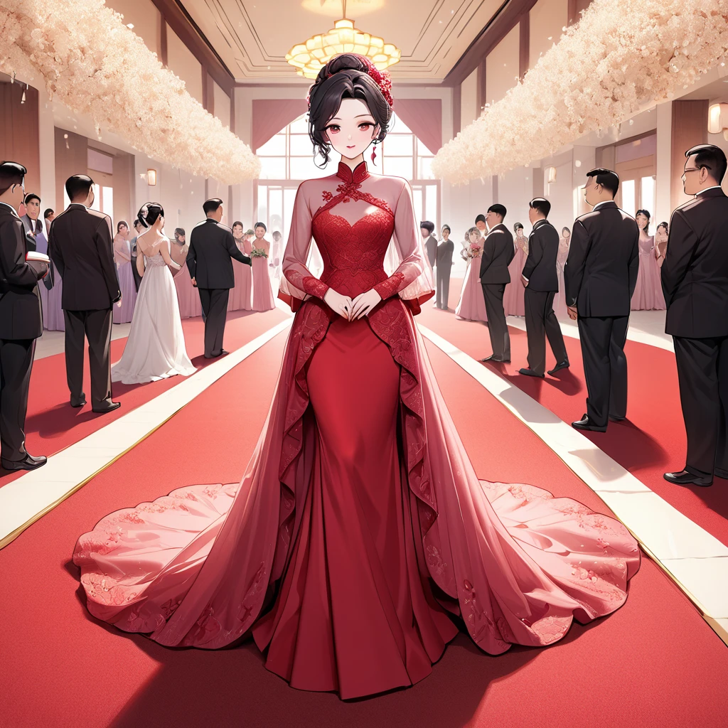 ((Highest quality)), ((masterpiece)), (detailed), (Perfect Face)、The woman is a Chinese woman named Kocho Shinobu.。, Purple gradient bob black hair and formal evening hairstyles. She is wearing an engagement ring. She is a prominent member of the Chinese Communist Party.、She is the wife of a great old Communist Party official.、The woman is beautifully dressed in a gorgeous red wedding dress typical of the Chinese Communist Party, and she loves her husband dearly and is happy to be his wife.、She was photographed alone at a wedding venue on a red carpet aisle.、The woman is the most gorgeous, most dazzling, and most beautiful Chinese woman, and has been perfected as the best Chinese bride, with a beautiful, elegant, and luxurious appearance.