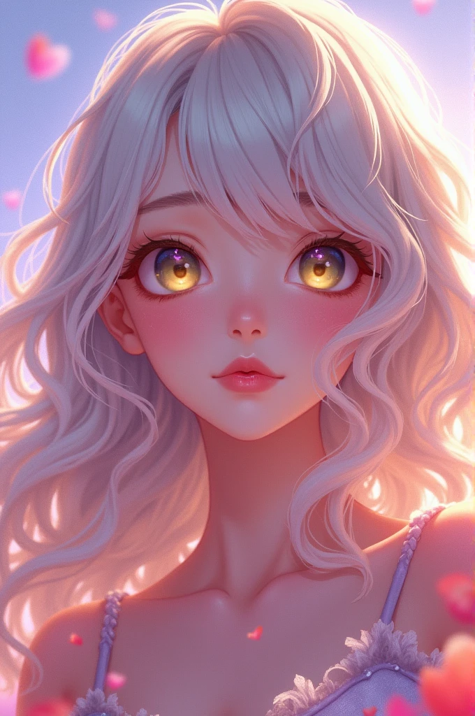 masterpiece，Dazzling colorful light，Ultra Detailed，A girl，big eyes，tulip，Extra long curly hair，White-blond hair，A fascinating adventure，Glowing lips，Close-up of face，Exposed shoulders，Dreamy and beautiful，Thick paint of the characters，Fine brushstrokes，wallpaper，Light purple background，Anime Aesthetics,
