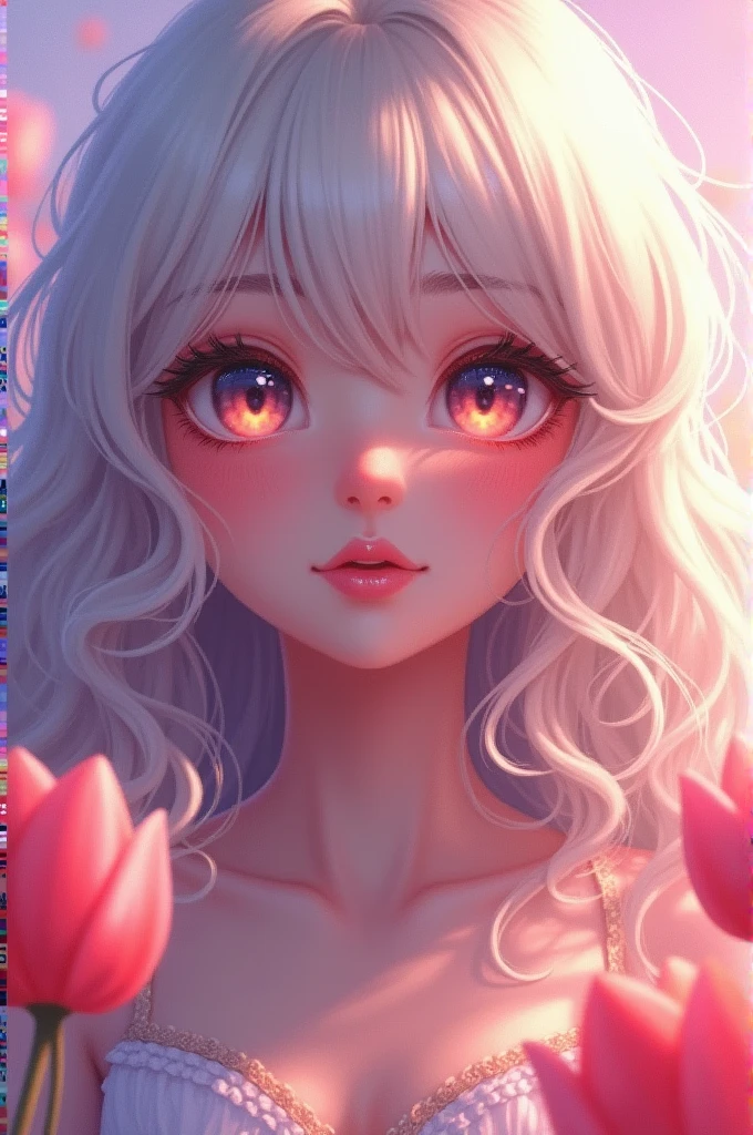 masterpiece，Dazzling colorful light，Ultra Detailed，A girl，big eyes，tulip，Extra long curly hair，White-blond hair，A fascinating adventure，Glowing lips，Close-up of face，Exposed shoulders，Dreamy and beautiful，Thick paint of the characters，Fine brushstrokes，wallpaper，Light purple background，Anime Aesthetics,