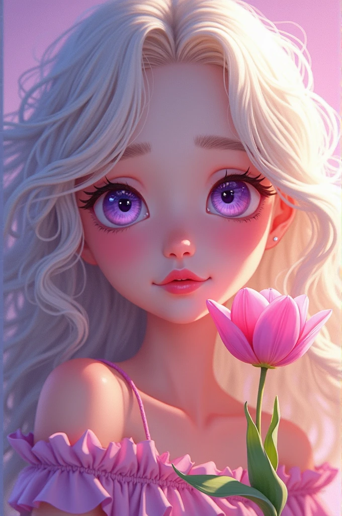 masterpiece，Dazzling colorful light，Ultra Detailed，A girl，big eyes，tulip，Extra long curly hair，White-blond hair，A fascinating adventure，Glowing lips，Close-up of face，Exposed shoulders，Dreamy and beautiful，Thick paint of the characters，Fine brushstrokes，wallpaper，Light purple background，Anime Aesthetics,