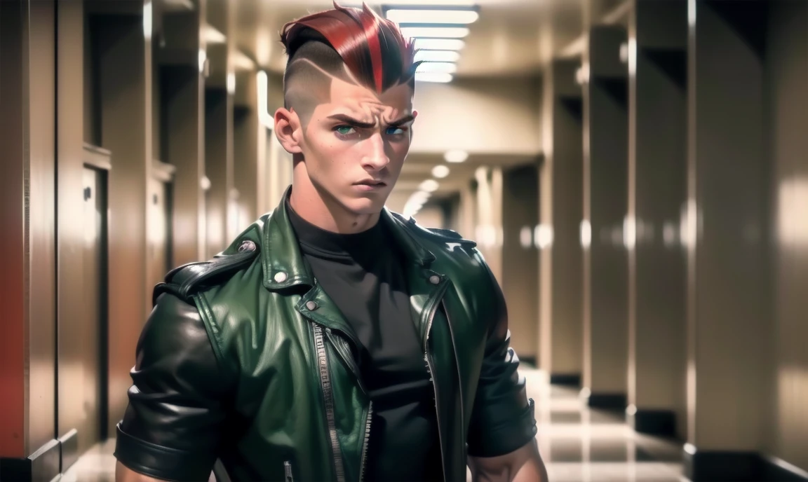 "((highly detailed, detailed eyes, detailed face, clear and realistic facial features, photorealistic, realistic light; cinematic)), (1 man), ((((school hallway background)))), (((gorgeous athletic punk tough bully male))), ((18-year-old teenage male)), ((((glaring expression)))), ((intimidating mood)), ((blue-green eyes)), ((short black hair with a undercut)), (((dressed in black and leather))), ((red tint in hair)), ((standing in your way))."