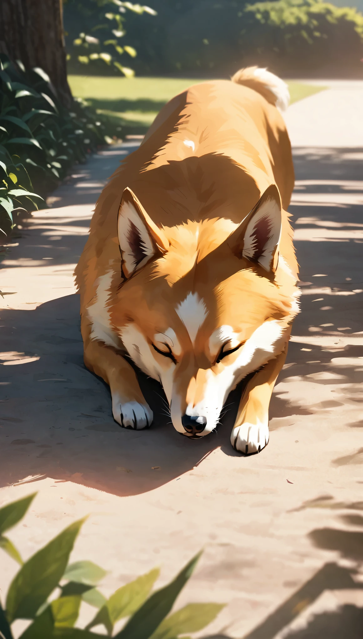 Commemorative photo of dog, 1 Shiba Inu, Mameshiba, Realistic expression, Face down:1.2, Playing in the park, Sleepy expression, Plants, Light and shadow with attention to detail, Background Blur, (Highest quality:1.2, 4K, 8k, Very detailed, Attention to detail, masterpiece:1.2, Best aesthetics),