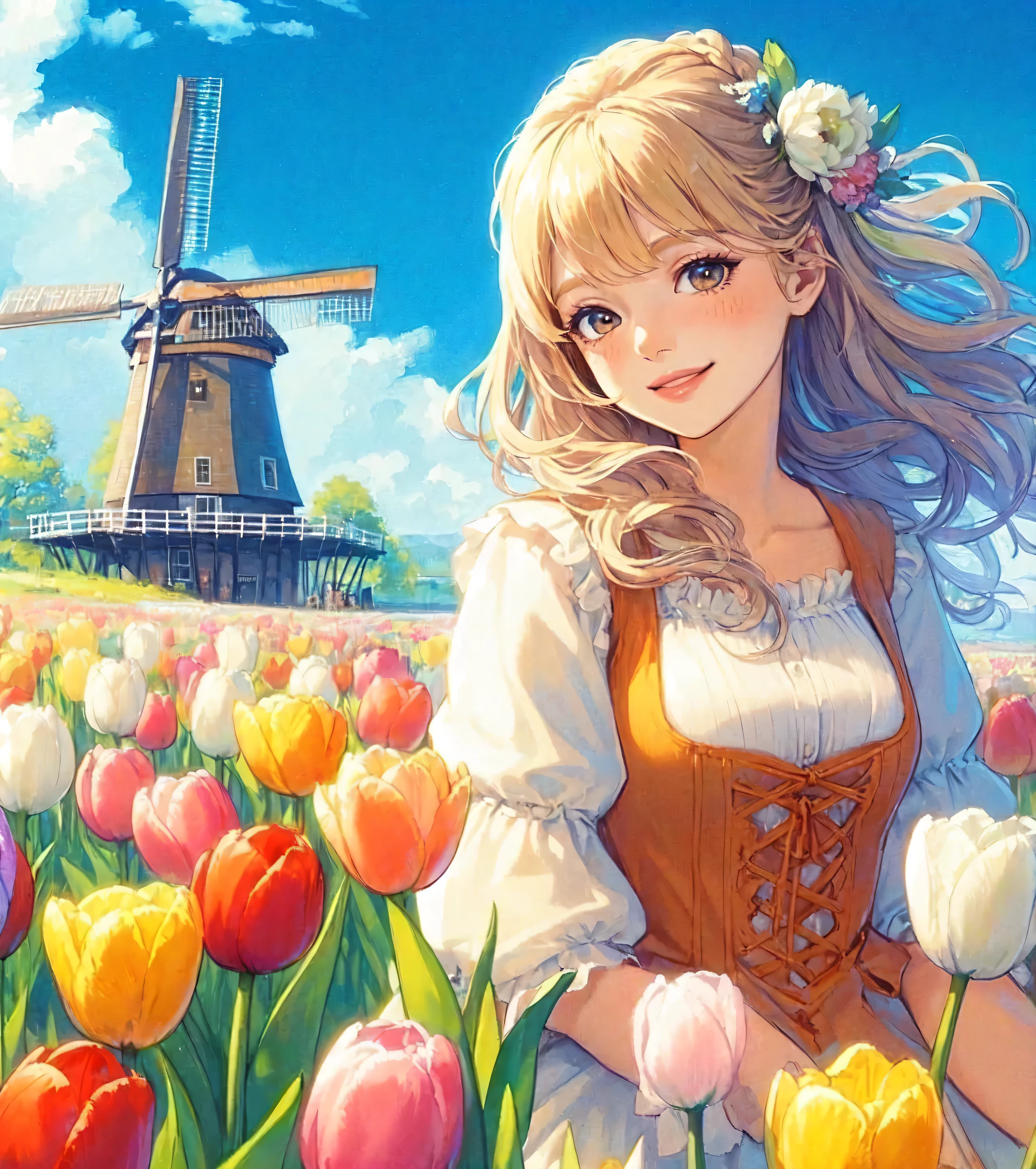 1lady standing, (looking at viewers), stylish outfit (elegant and breezy attire) (orange theme), (mature female:0.6), /(brown hair/) bangs, blush kind smile, (masterpiece best quality:1.2) delicate illustration ultra-detailed, large breasts BREAK (field of tulip) (vibrant colors), colorful tulips, outdoors, (traditional Dutch windmill), blue sky, noon, horizon, detailed background
