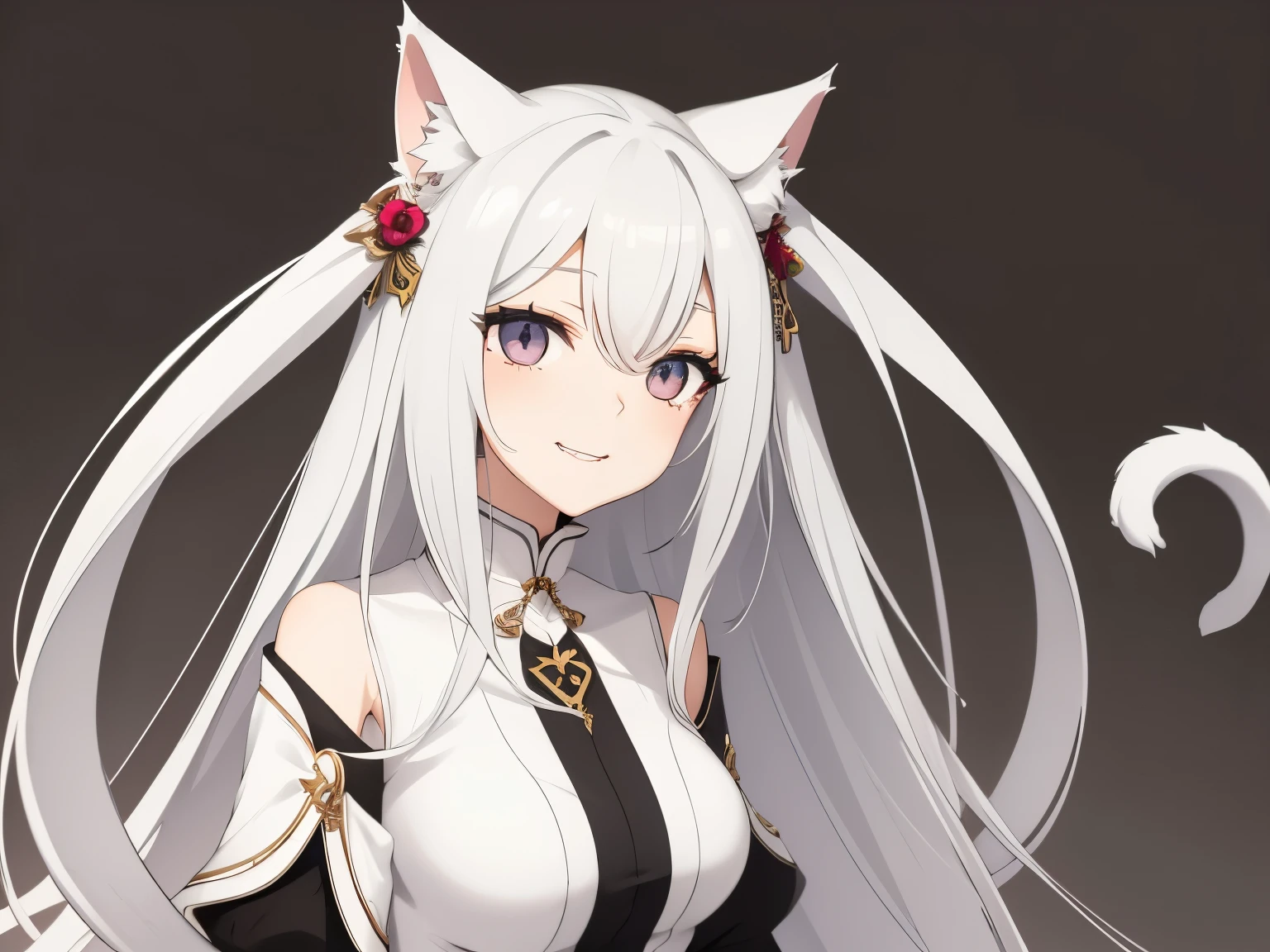 white long straight hair, beautiful face, soft facial features, height 175, feminine figure, silver eyes, playful smile, anime reskin style, Neko, , Neko ears, Cat eats, cat tail, Mature, older, Sexy, one character, one person, Royal clothes ,beatutifull clothes
