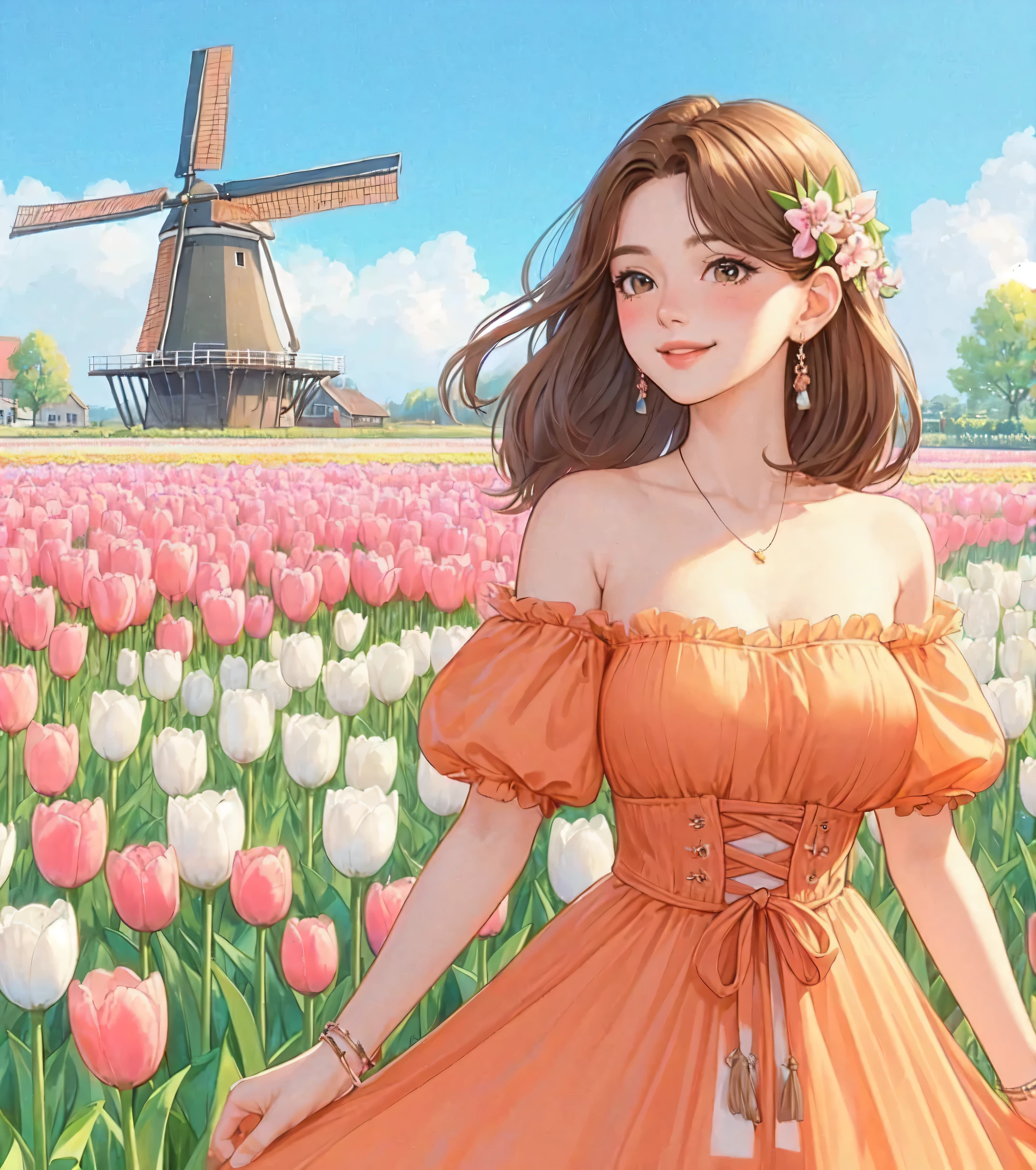 1lady standing, (looking at viewers), stylish outfit (elegant and breezy attire) (orange theme), (mature female:0.6), /(brown hair/) bangs, blush kind smile, (masterpiece best quality:1.2) delicate illustration ultra-detailed, large breasts BREAK (field of tulip) (vibrant colors), colorful tulips, outdoors, (traditional Dutch windmill), blue sky, noon, horizon, detailed background