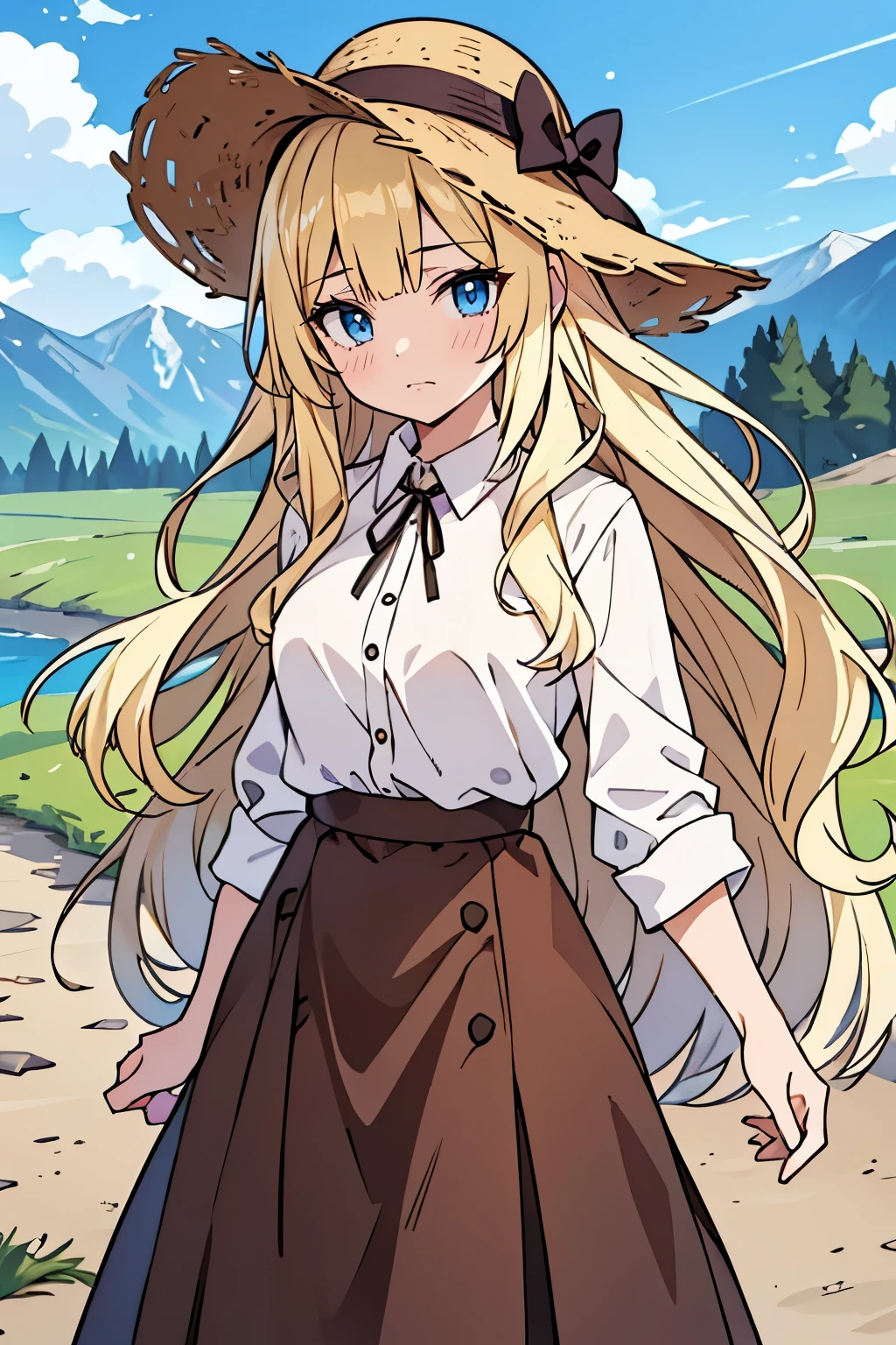 1 girl, female figure, wavy yellow hair, hime cut, extra long hair, crystal light blue eyes, detailed eyes, golden blonde hair, cowboy shot, voluminous hair, wavy hair, (medium small breasts), (young female body: 1.4), outdoors background, mountains and river, farmers girl, straw hat, extra long brown skirt, white shirt, white blouse, brown long skirt, flowing brown skirt, brown skirt, dark brown maxi skirt, super long skirt