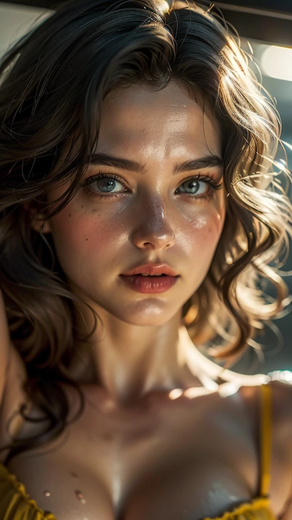 (((ultra realistic))) Photo, masterpiece, top quality, (pale skin), (Ultra detailed face and eyes:1.2), Bright eyes, 1 adult girl, brassiere, Dark background, (Eye makeup, mascara) , ((Dark wavy hair)) , ((Stylish hairstyle)) , (Natural breasts), (A slight smile), ((Posing)), photoshoot, studio (Contour lighting), (The play of light and shadows), depth of field, bokeh, (special attention to skin detail: 1.2), Detailed leather texture, skin pores. ((color scheme - black, Gray, Ashen, yellow tones)), ((Film grain, VHS effect)), ((rays)) , ((waist up portrait, close to the camera)) , ultra detialed,