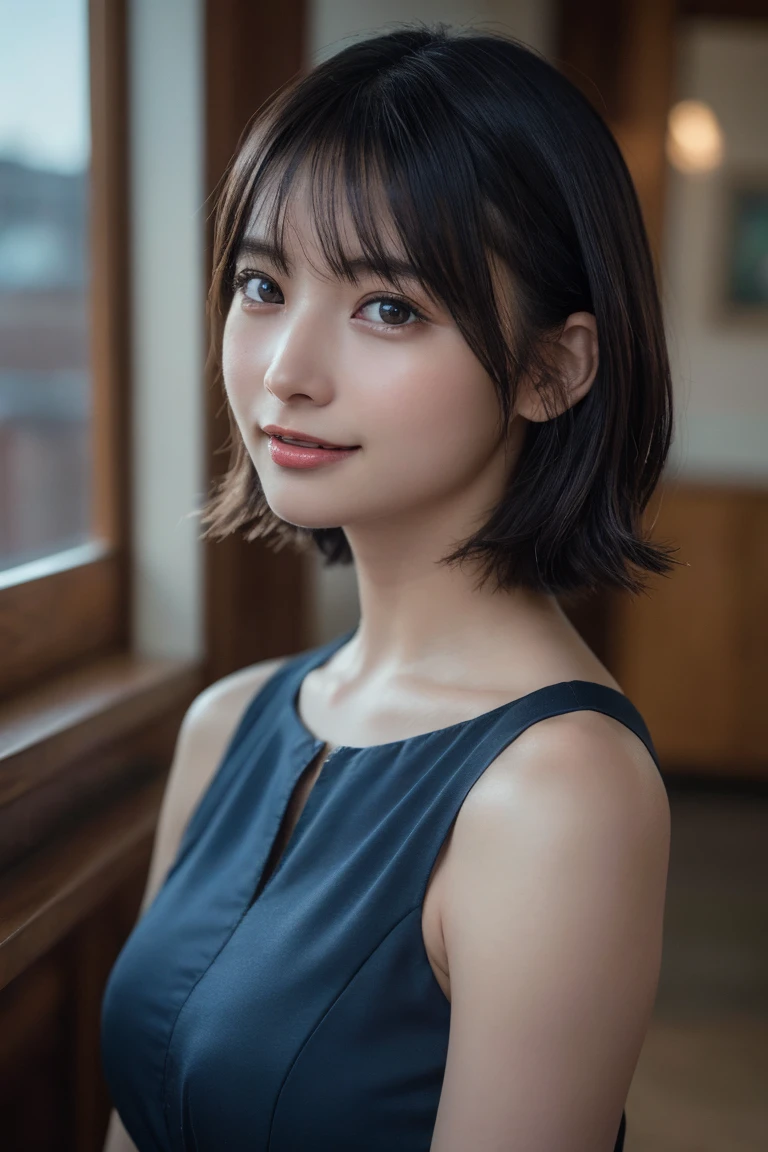 (8K, Raw photo, Highest quality, masterpiece:1.2), (Realistic, Photorealistic:1.37), Ultra-detailed, Ultra-high resolution, 1 girl, Seeing the viewer, Beautifully detailed face, Laughter, narrow, (Slim waist) :1.3), shortcut, Beautifully detailed skin, Skin texture, Dark hair, Short hair, Bob, Professional Lighting, (China dress), Human whole body