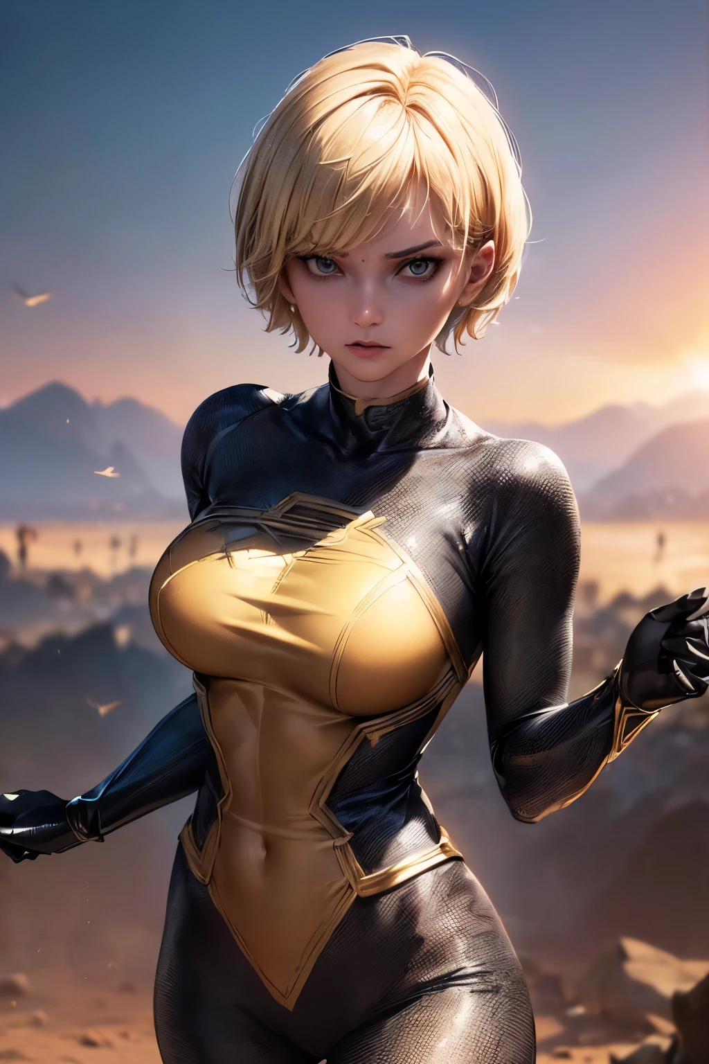 ((super hero)), ((Beautiful and slim woman)), ((hero costume)), ((blonde short hair), ((wear hero costume with black details)), (( is flying)), ((give us no suit, dirt on costume)),((serious look)), ((still or spectator)), ((best qualityer)), ((self definition)), ((detailed focus body and face)), (( corpo 4k)), ((face 4k))