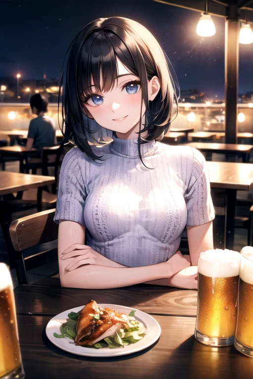 ((Highest quality)), ((masterpiece)), (detailed), ((small breasts))、There are a lot of people at the outdoor rooftop beer garden.、A 20-year-old woman is smiling and drinking beer、There are many dishes on the table、She is casual((Short sleeve knit))Wearing、short sleeves、Beer garden light up、 her smile is shining、Medium Hair、Black Hair、((Small breasts))、Deep blue eyes、Complex pupil、Intricate weaving, Night view、front、